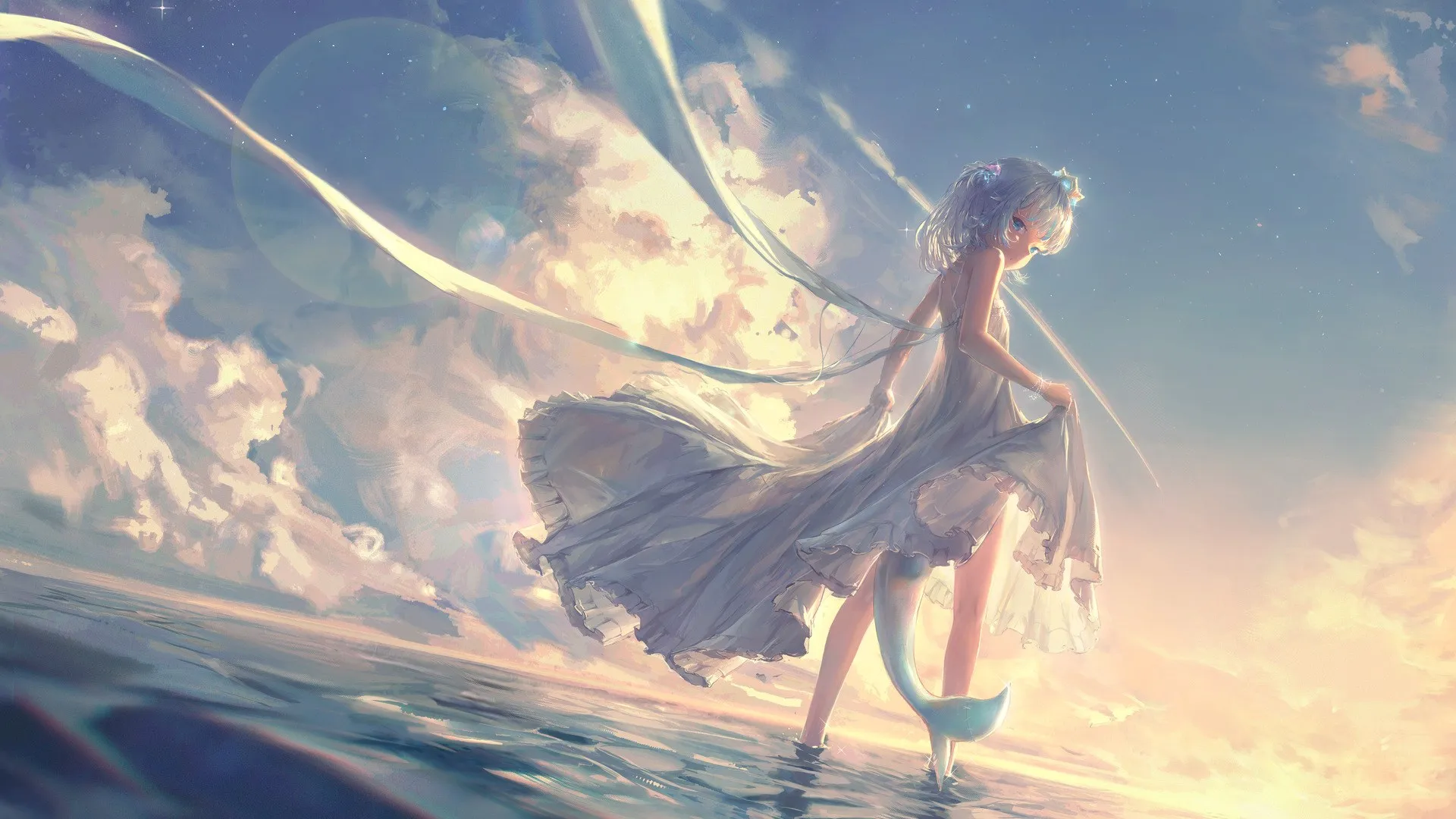 虚拟 水 日出 尾巴 裙子 动漫女孩 电脑壁纸 4K壁纸