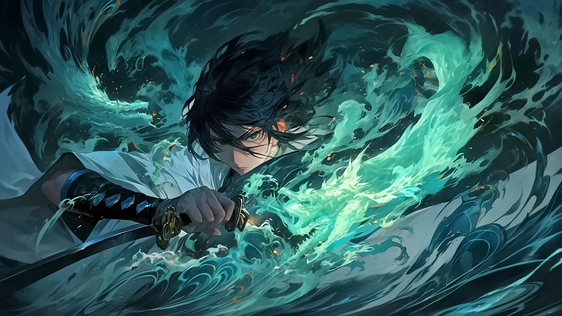 动漫 黑发 男人 武器 AI艺术 动漫男孩 水 电脑壁纸 4K壁纸