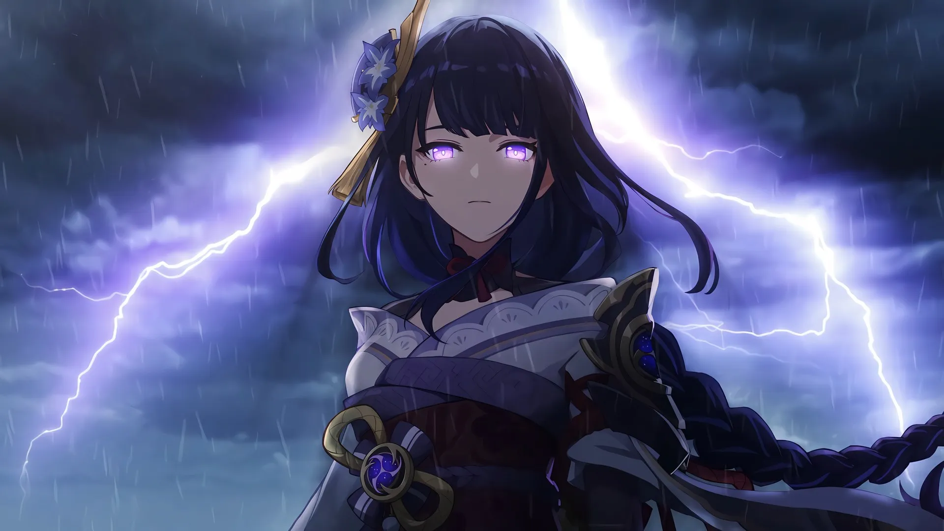 紫色头发 黑痣 辫子 雷登幕府 原神 闪电 雨 动漫女孩 数码灯光 紫色眼睛 和服 电脑壁纸 4K壁纸