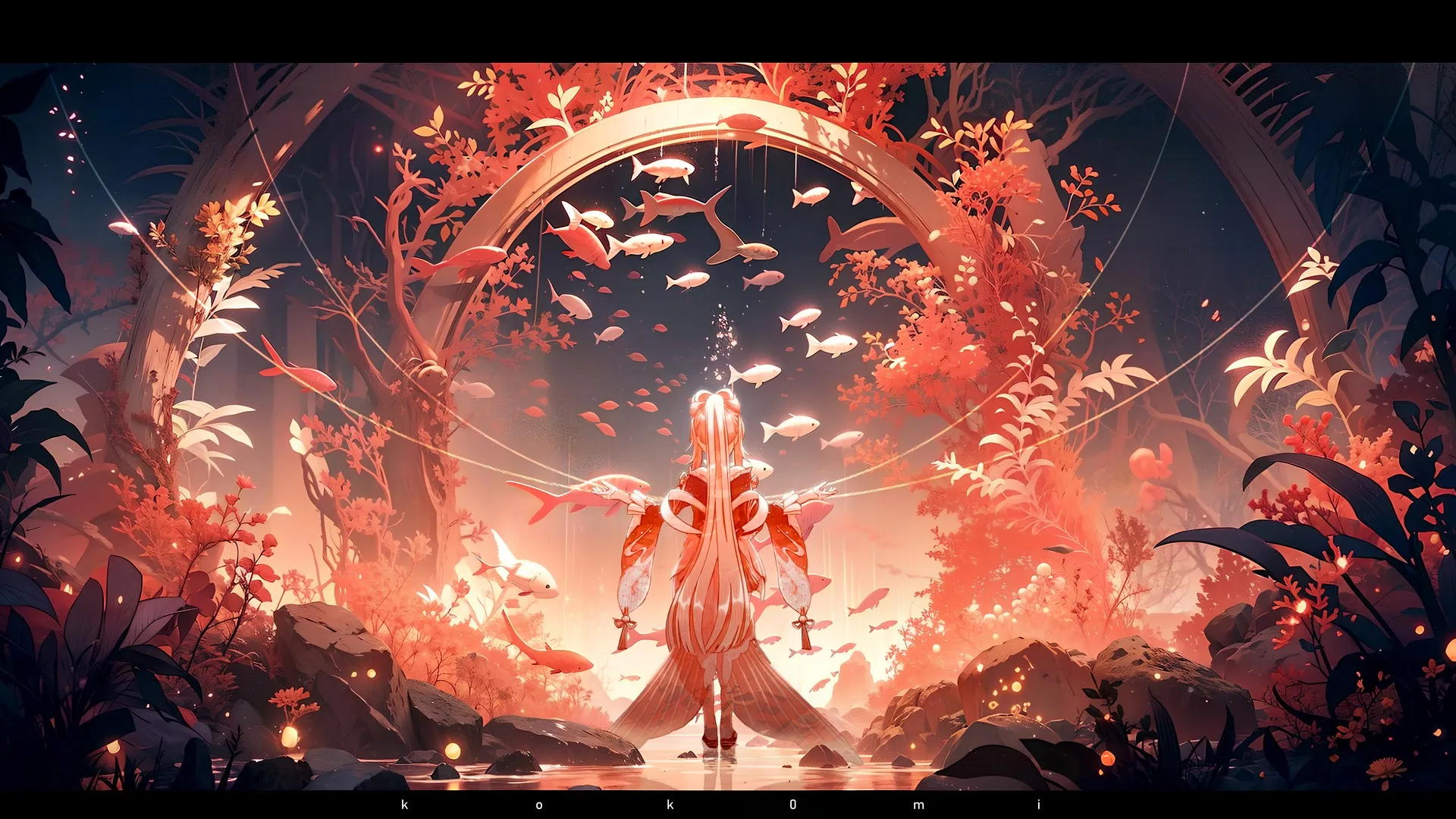 原神 长发 站立 马尾 原神 动漫 动漫女孩 水 鱼 植物 动物 岩石 树叶 电脑壁纸 4K壁纸