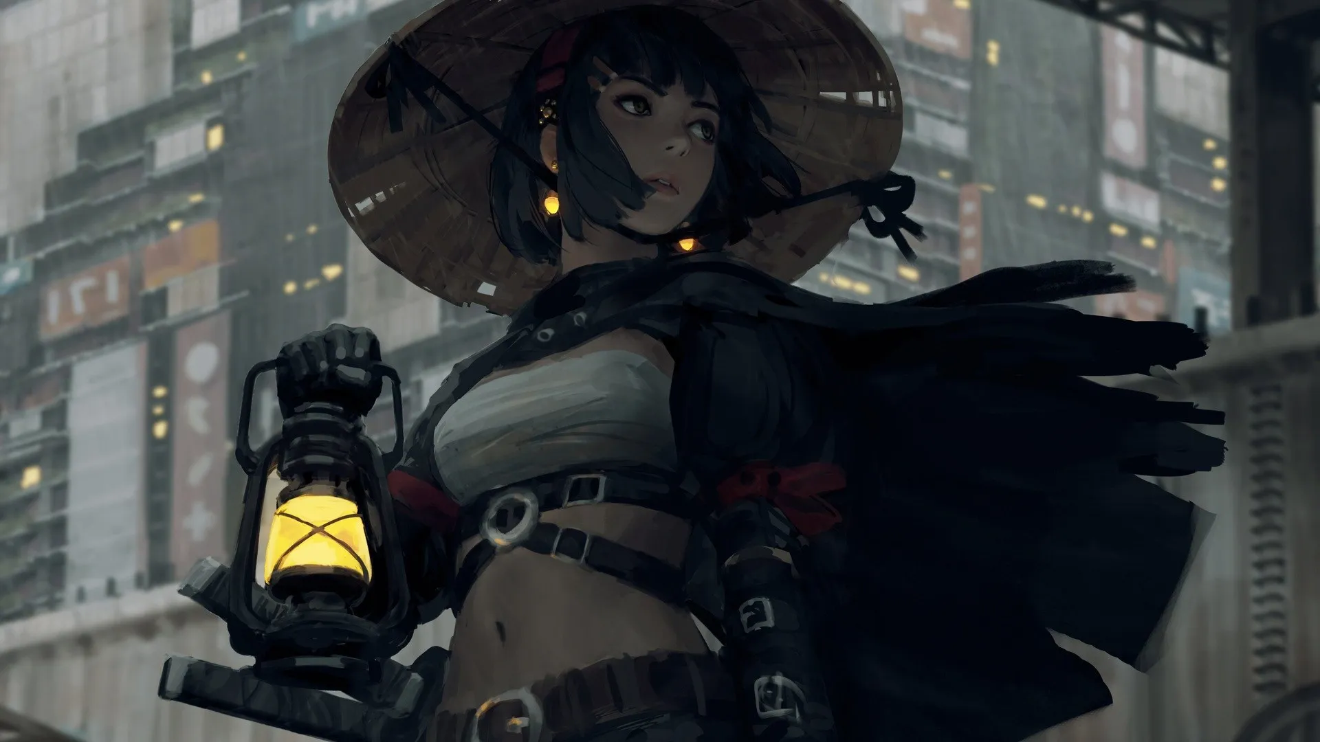 女人 奇幻女孩 武士 扇子艺术 素描 科幻 黑衣 数码绘画 风 奇幻艺术 黑发 奇幻绘画 电脑壁纸 4K壁纸