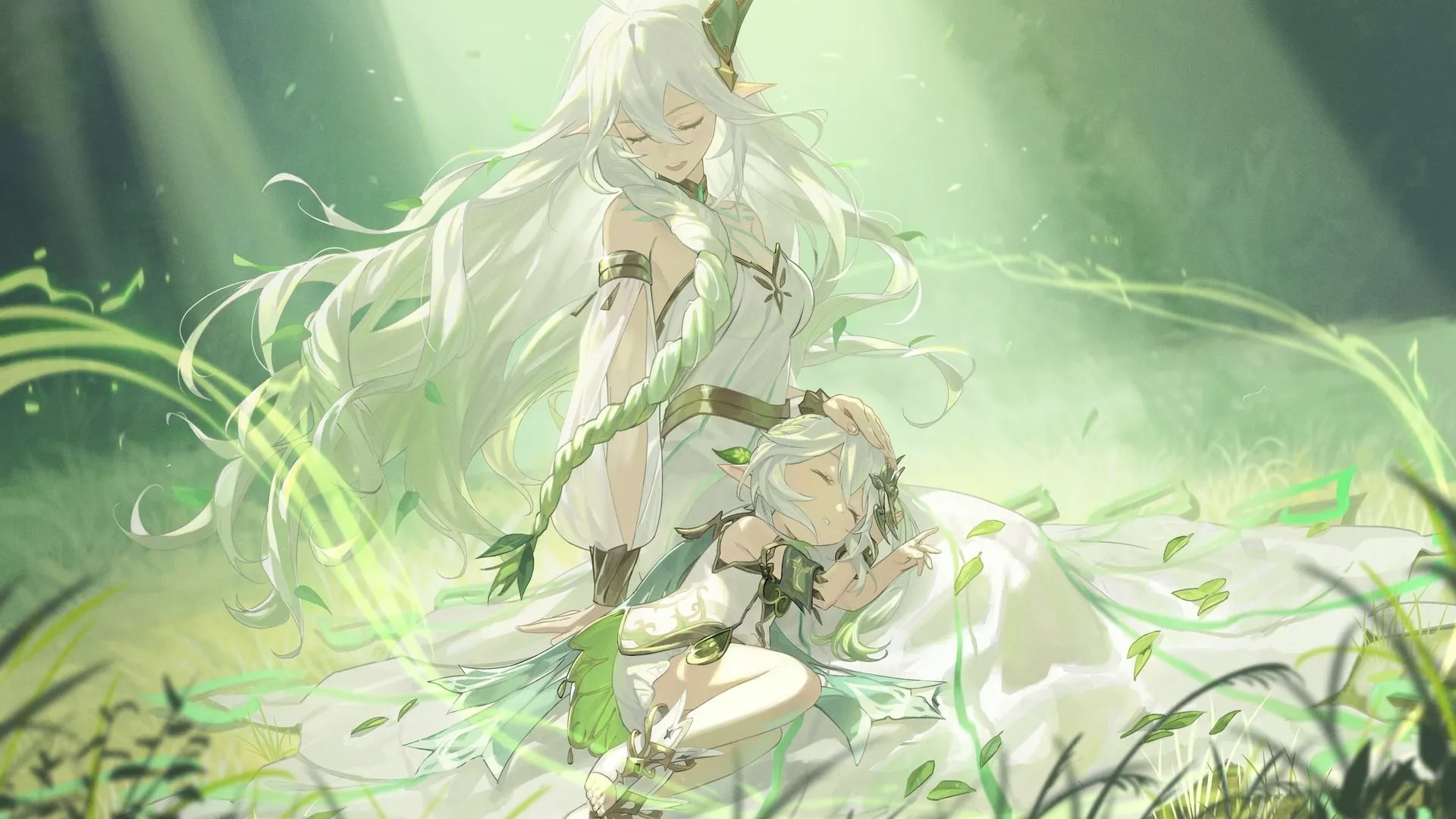 原神 白色连衣裙 兽耳 森林 原神 动漫女孩 草地 户外 电脑壁纸 4K壁纸