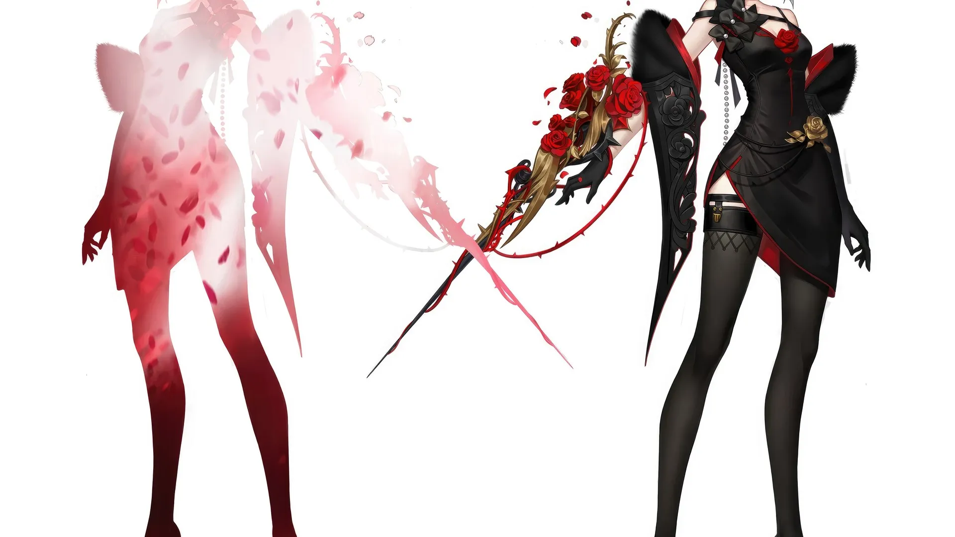 荣誉国王 刀 长袜 黑裙子 花衣服 花在头发 游戏 极简主义 白色背景 花瓣 帽子 电脑壁纸 4K壁纸