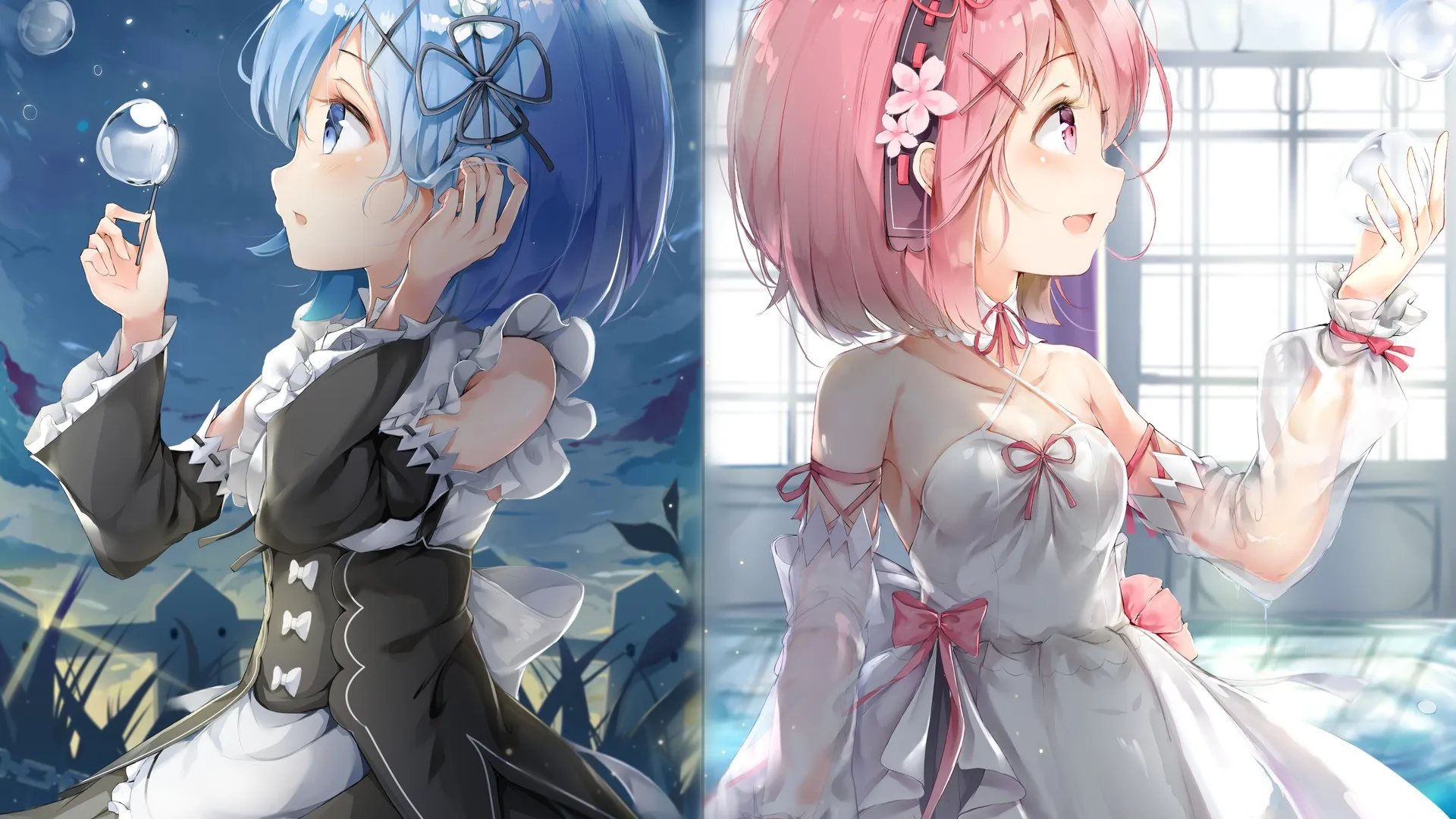 蓝头发 粉色头发 短发 动漫女孩 连衣裙 女佣服装 电脑壁纸 4K壁纸