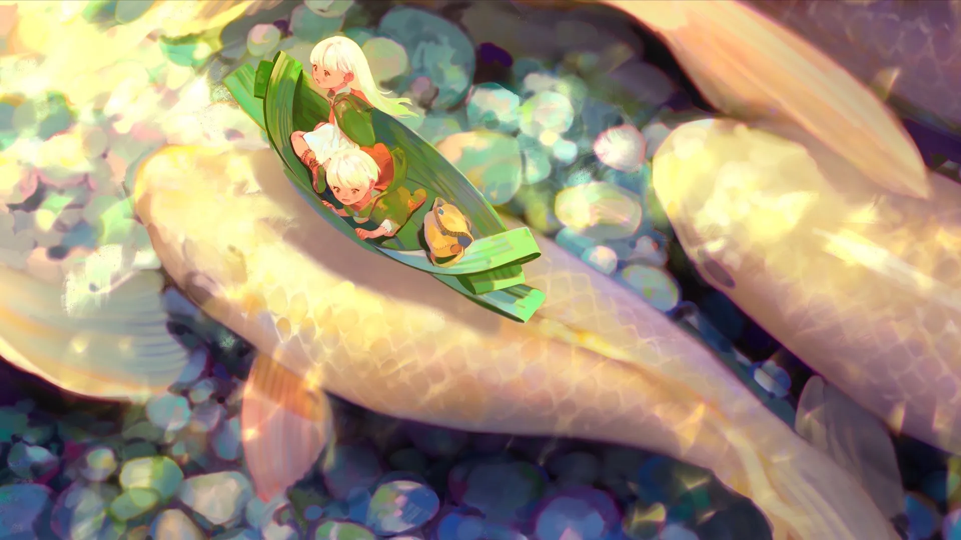 金发 长发 短发 动漫 动漫女孩 动漫男孩 鱼 背包 奇幻艺术 砾石 水 船 电脑壁纸 4K壁纸