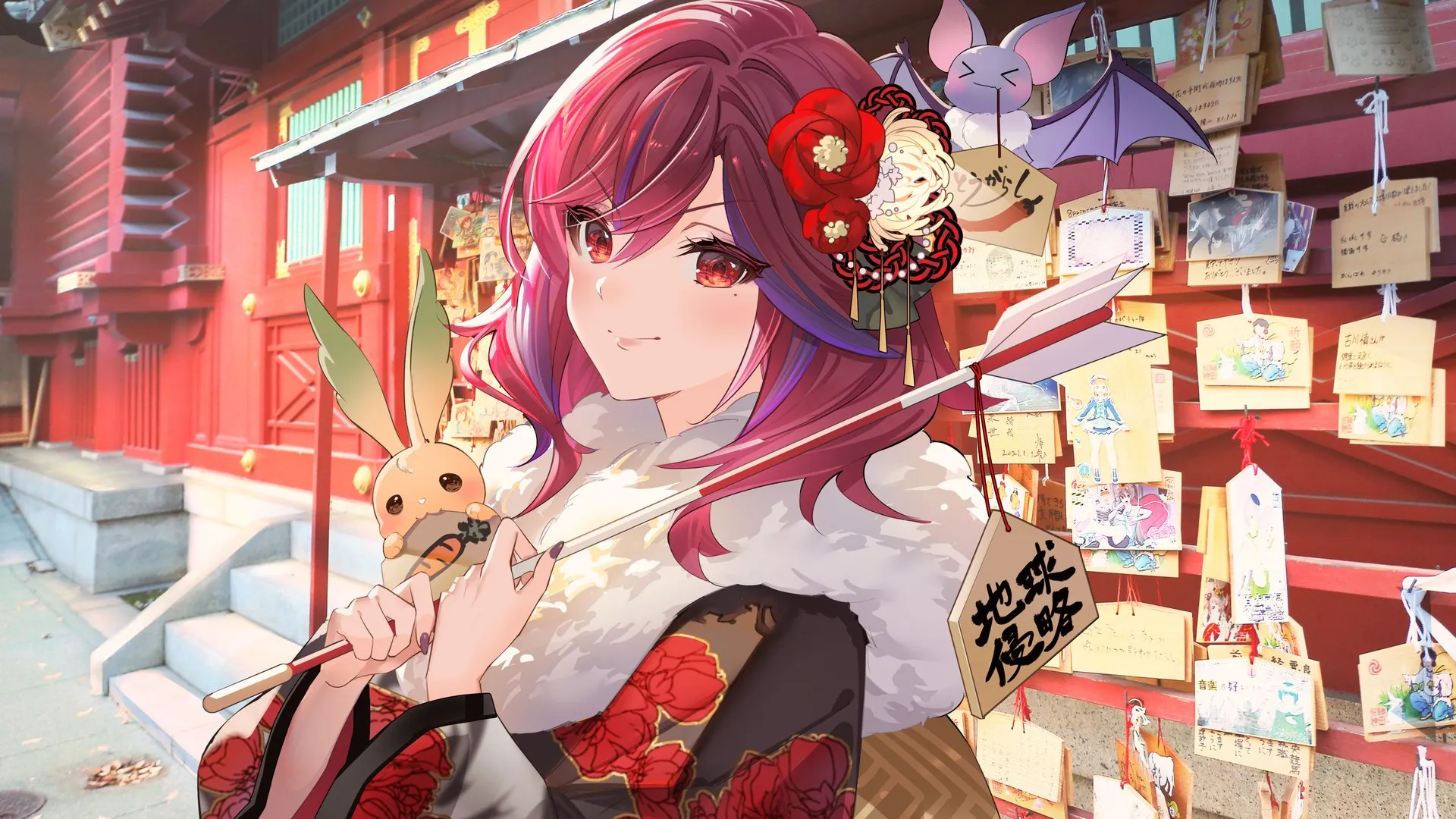 红发 红眼 动漫 动漫女孩 美术作品 虚拟 新年 服装 玫瑰 电脑壁纸 4K壁纸