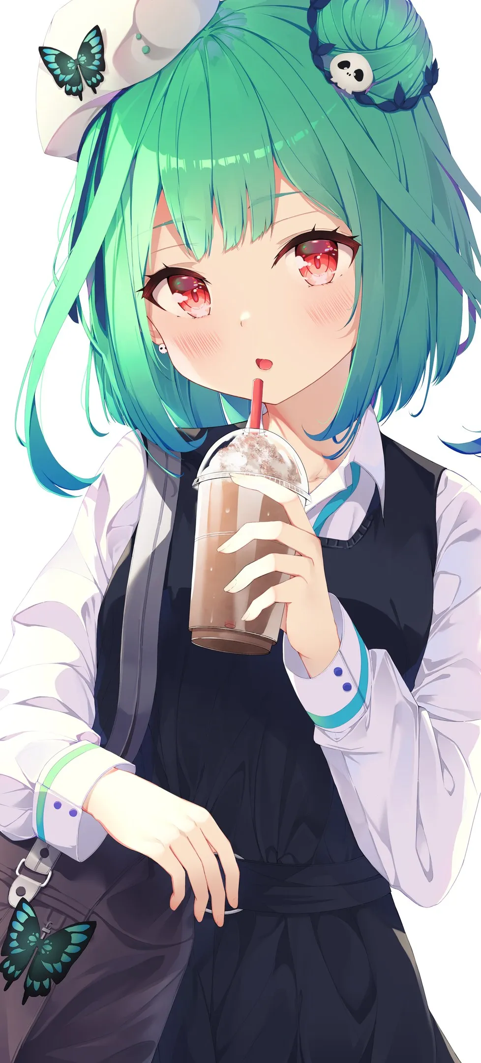 绿色头发 短发 红色眼睛 动漫女孩 虚拟 肖像显示 简单的背景 脸红 动漫 手机壁纸 4K壁纸