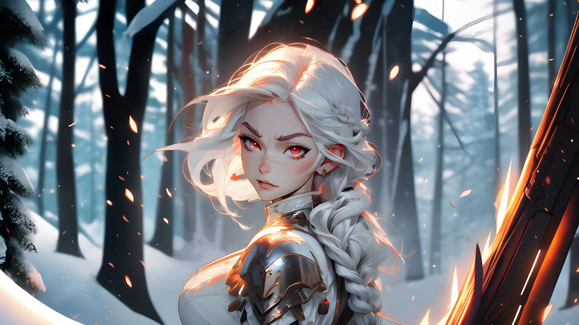 女孩在盔甲 红眼睛 白头发 巫师:狂猎 巫师 雪 动漫女孩 电脑壁纸 4K壁纸