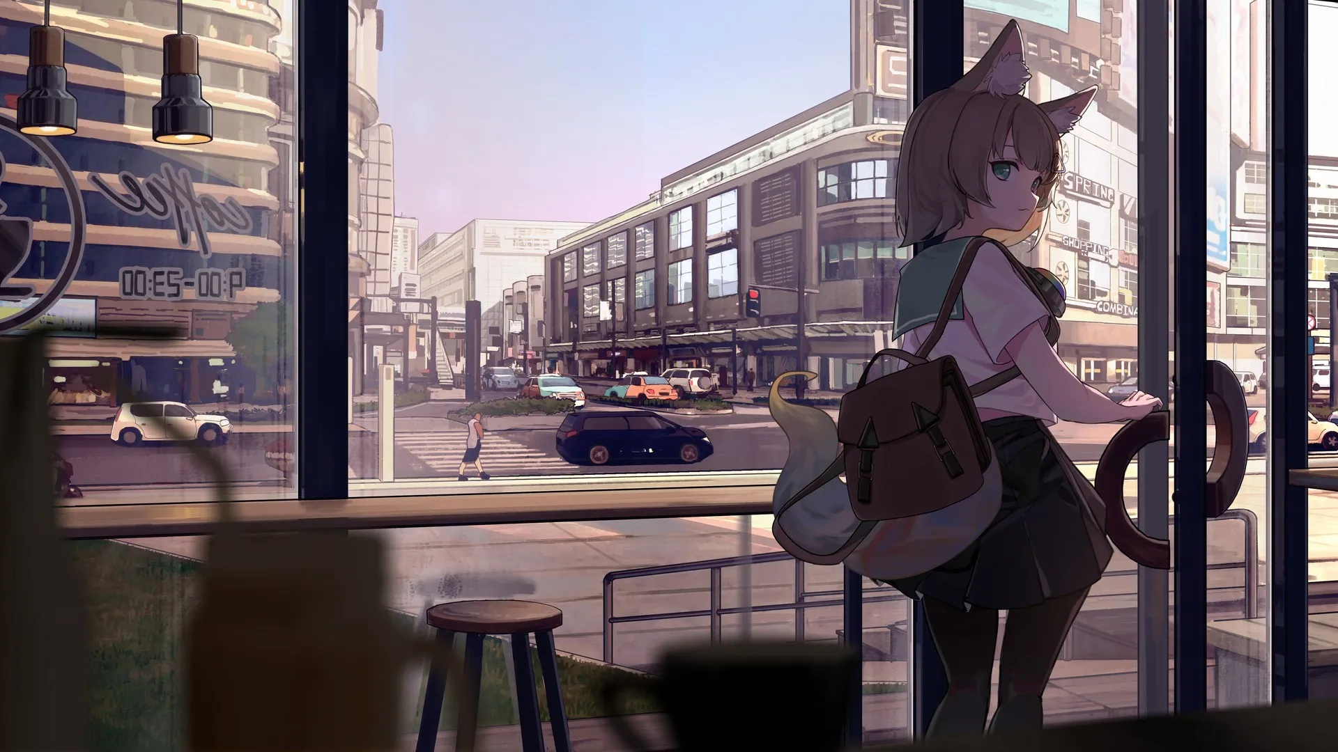 猫咪女孩 看着观众 短发 金发 蓝眼睛 动漫 动漫女孩 车 阳光 电脑壁纸 4K壁纸