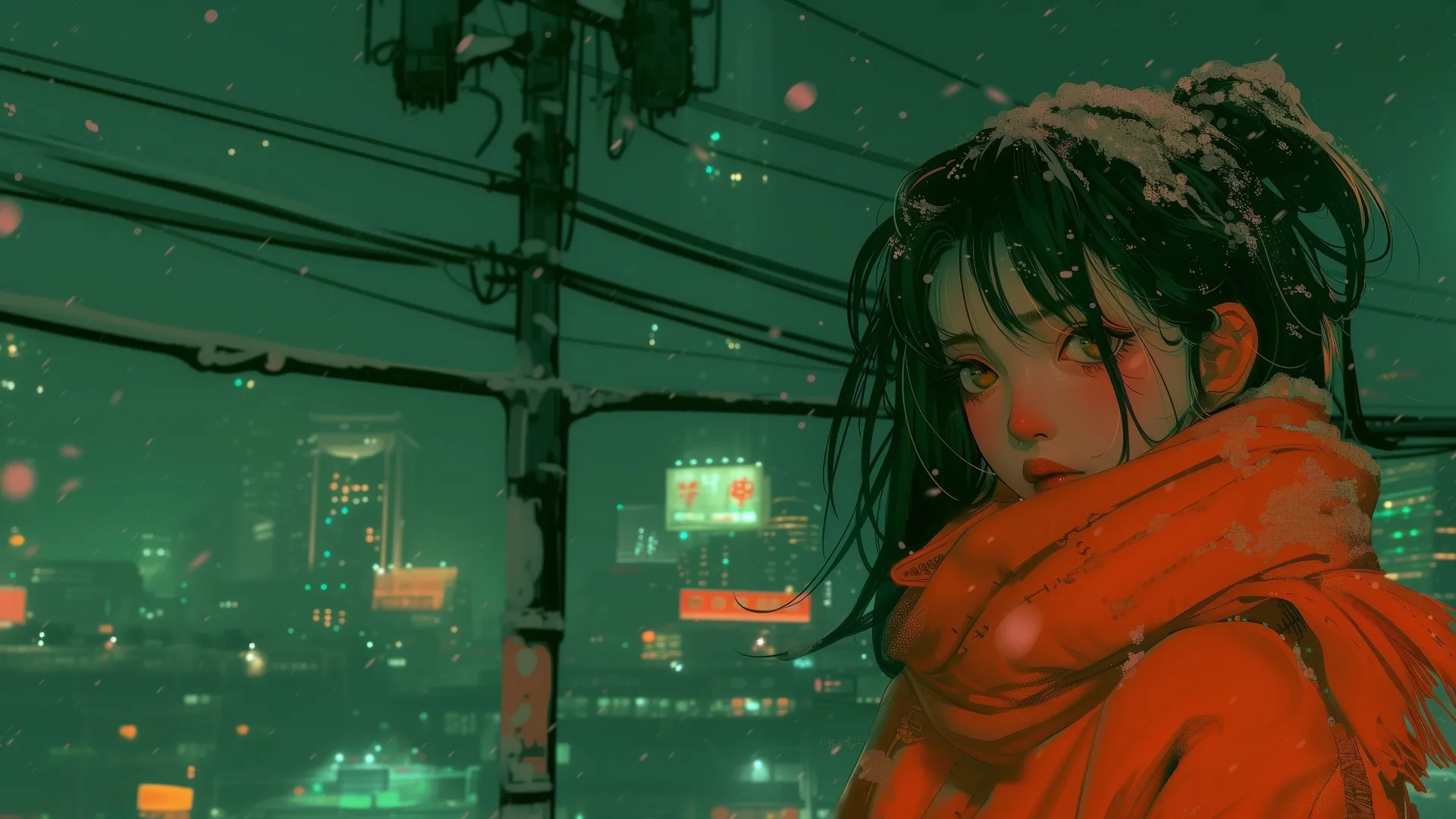 女人 人工智能艺术 橙色 动漫 动漫女孩 围巾 雪 霓虹灯 城市 插图 电脑壁纸 4K壁纸