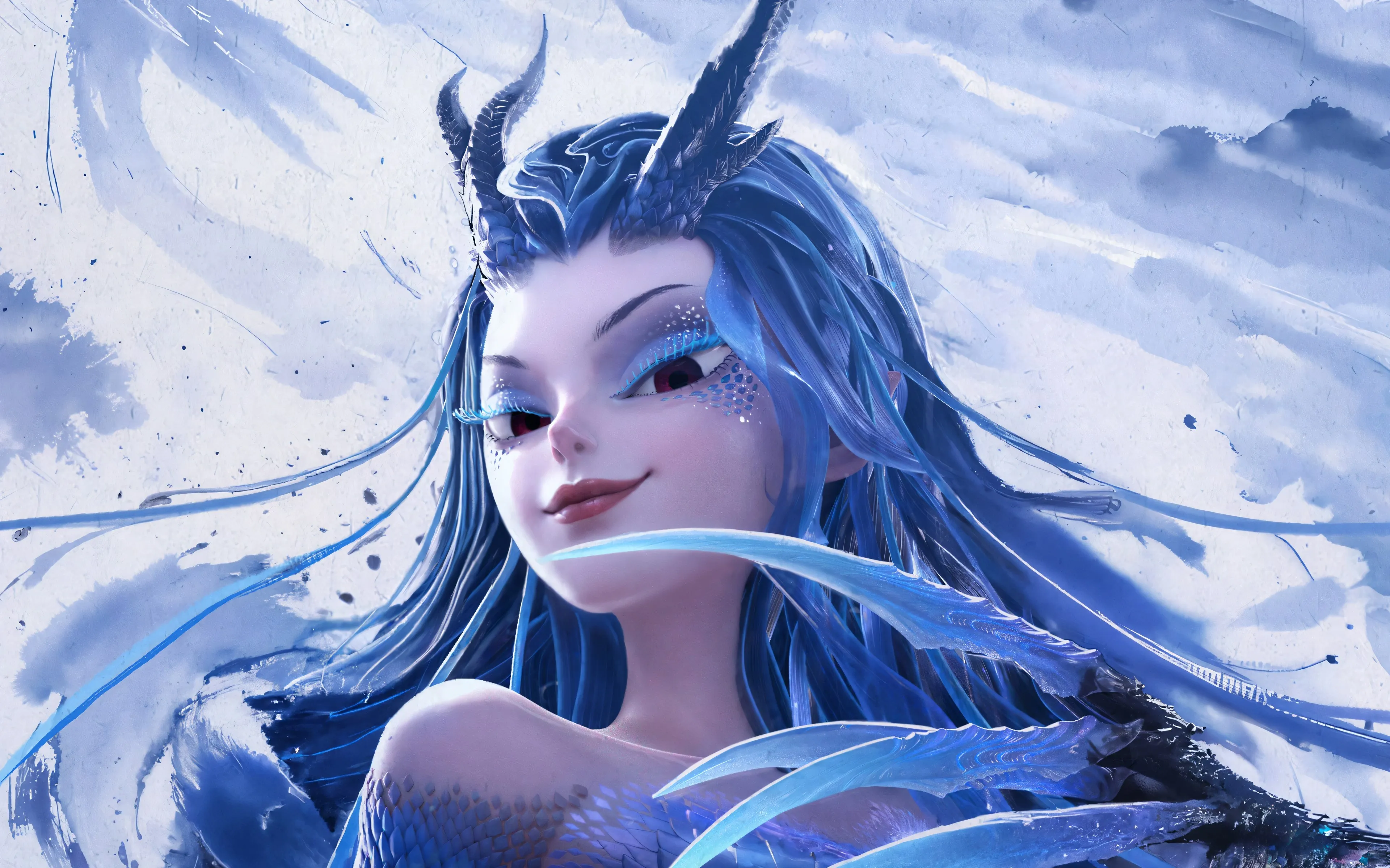 敖闰 哪吒 魔童闹海 水墨 海报 蓝色 龙鳞 龙角 龙爪 微笑 4K壁纸