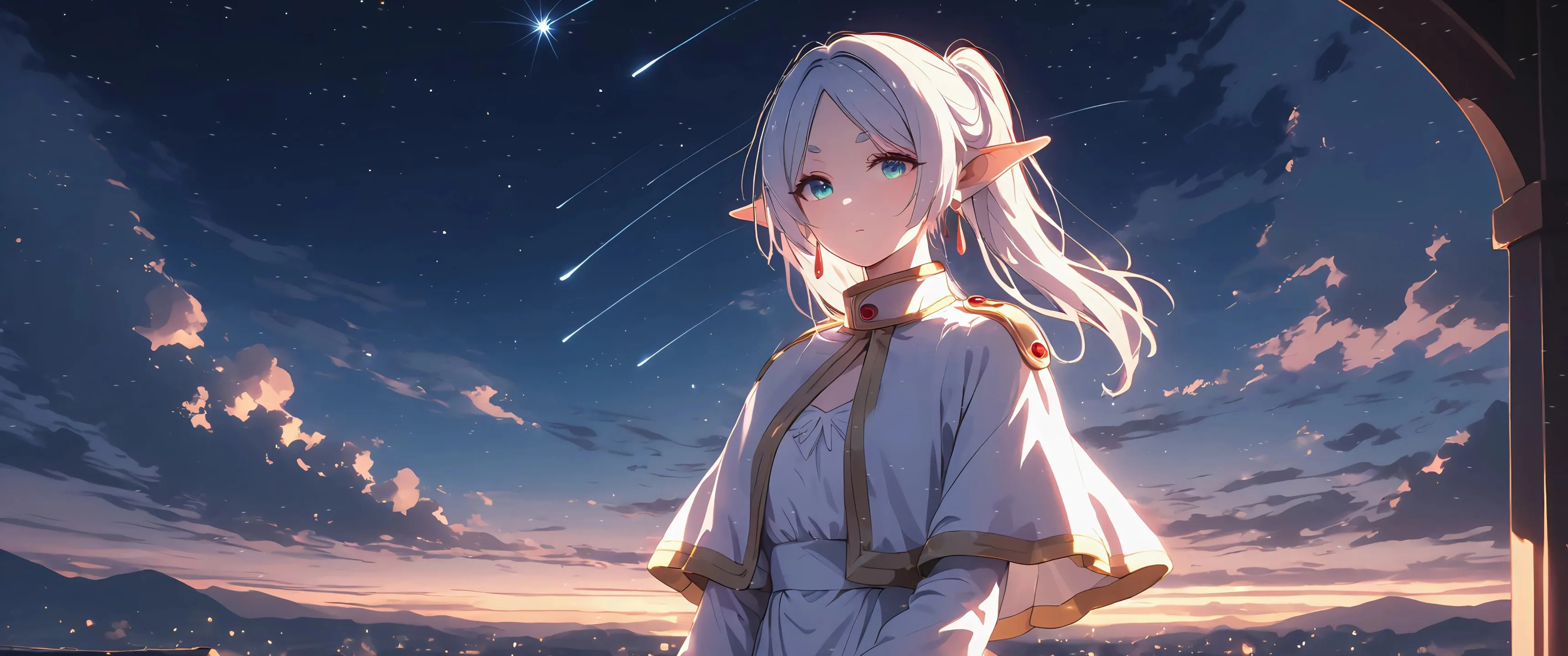 芙莉莲 星光 精灵耳朵 尖耳朵 马尾 白色头发 带鱼屏 2K壁纸