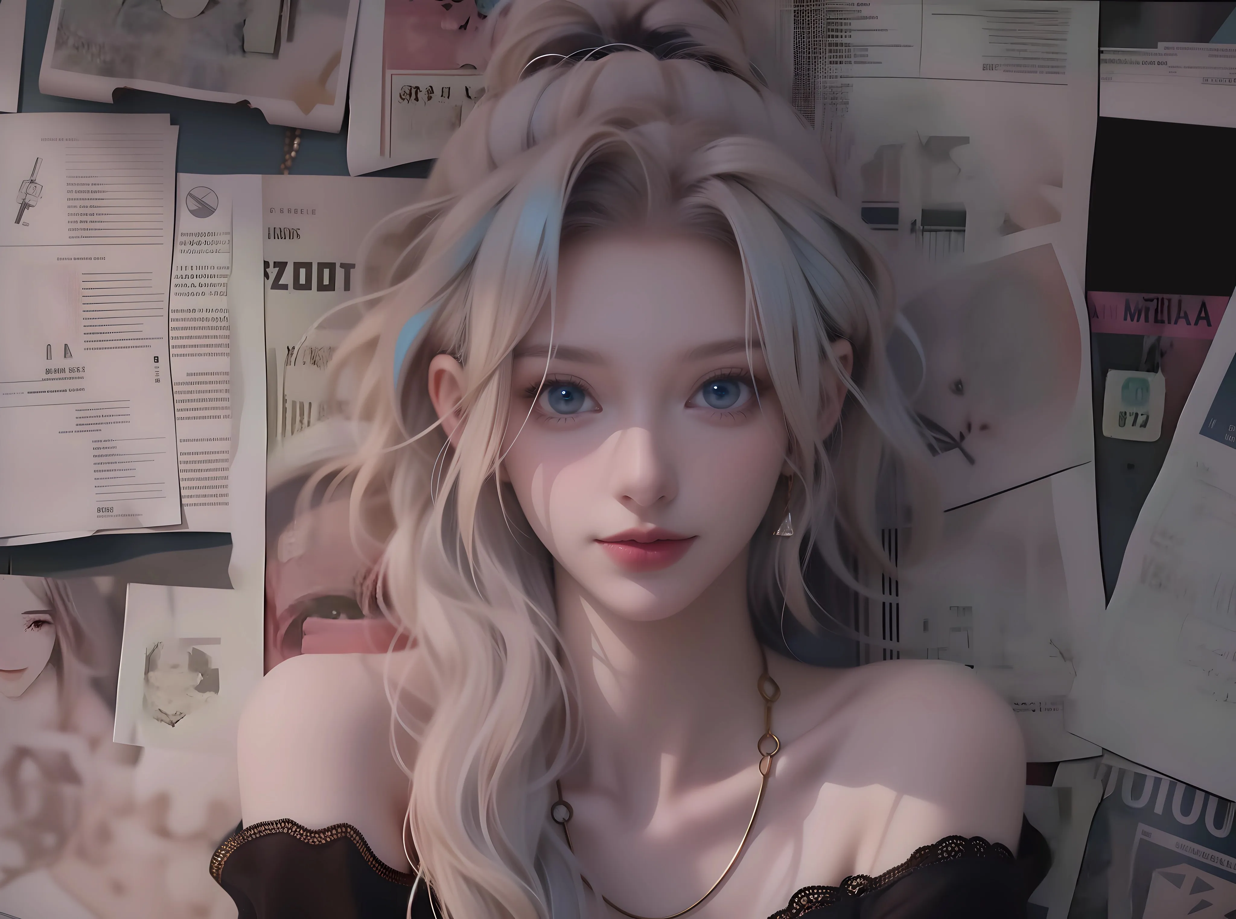 报纸墙 长卷发 大波浪 美女 4K壁纸