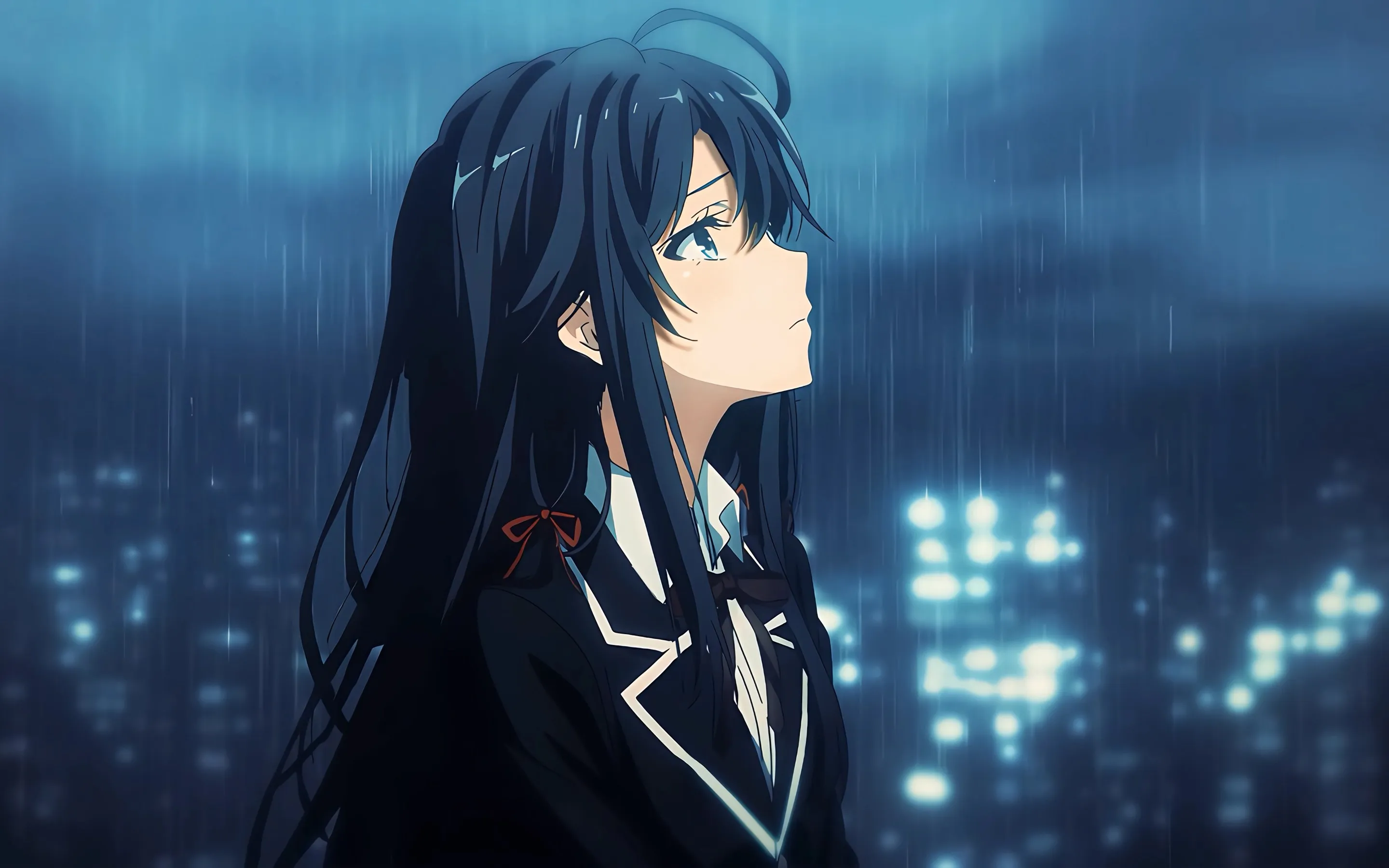 雪之下 雪乃 雨中 下雨 雨水 动漫 女孩 2K壁纸
