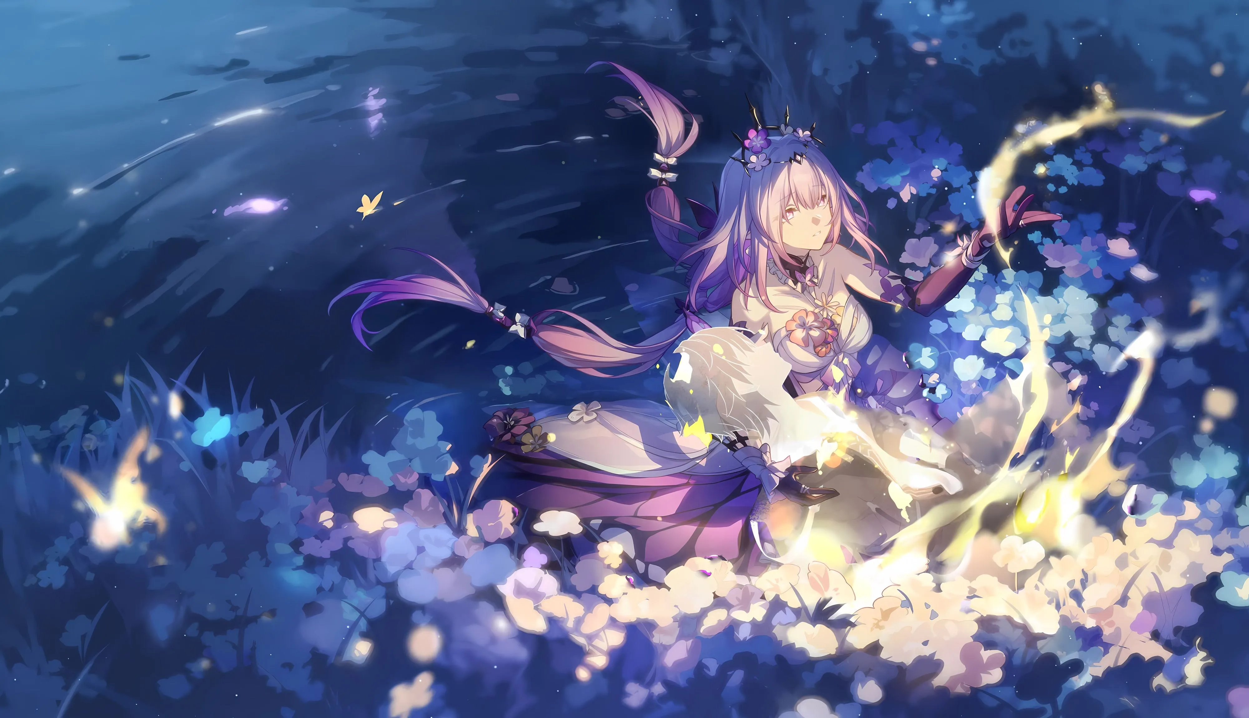 插图 插画 少女 花 水 抱着 4K壁纸