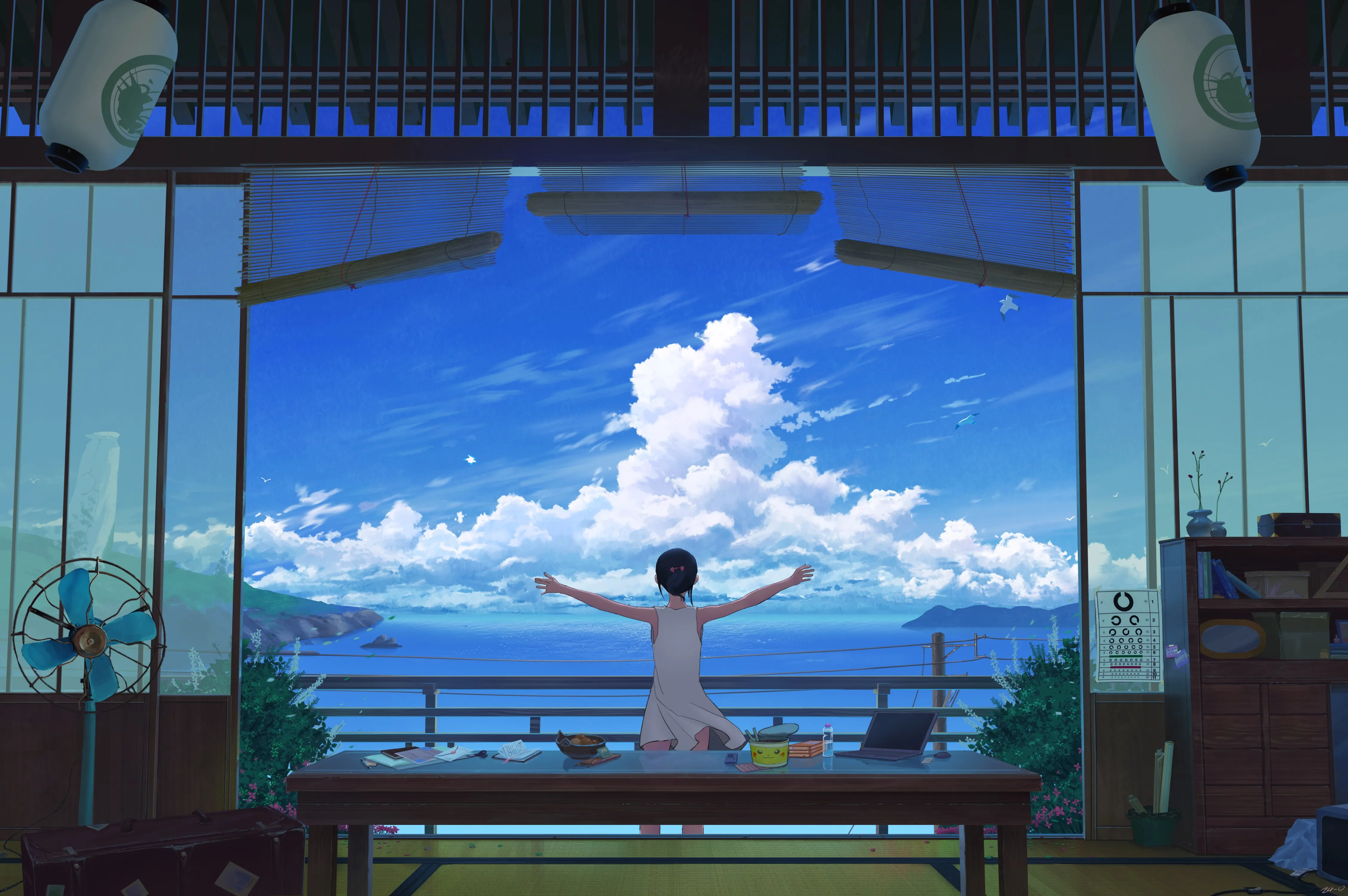 张开双臂 Z 零 夏天 云 皮卡丘 灯笼 手提箱 笔记本 电脑 信件 百叶窗 山 海鸥 风景 天空 动漫 女孩 白色连衣裙 水 桌子 风扇 海 4K壁纸