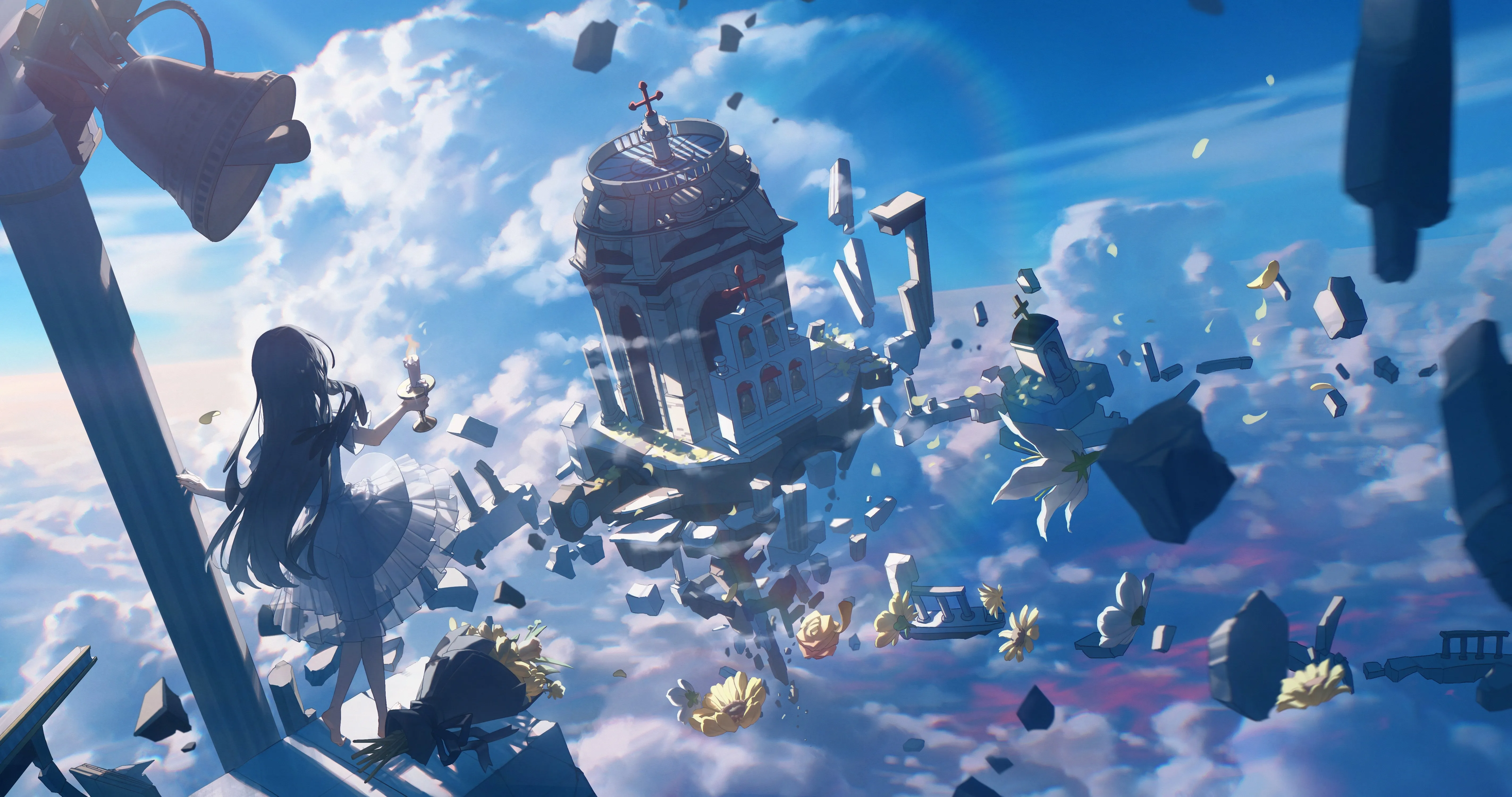 长发 花束 黄色花朵 积云 天空 连衣裙 钟声 花瓣 云彩 蜡烛 废墟 电脑壁纸 4K壁纸