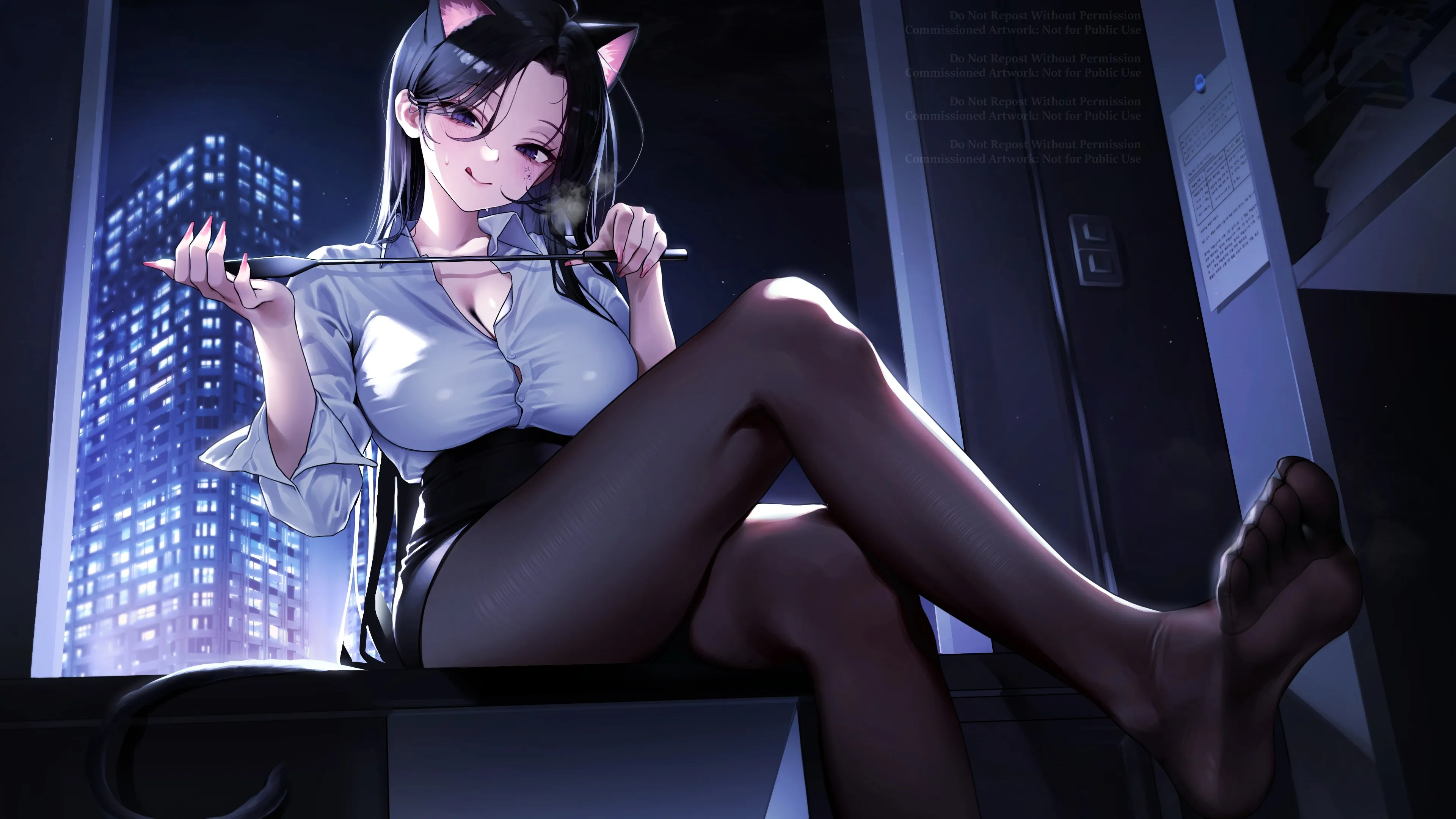 长发 锁骨 坐着 室内 女性 猫女 痣 脚底 蓝眼睛 动漫 女孩 动物 耳朵 汗水 猫耳朵 猫尾巴 星星 城市 灯光 夜 天空 黑发 鞭子 4K壁纸