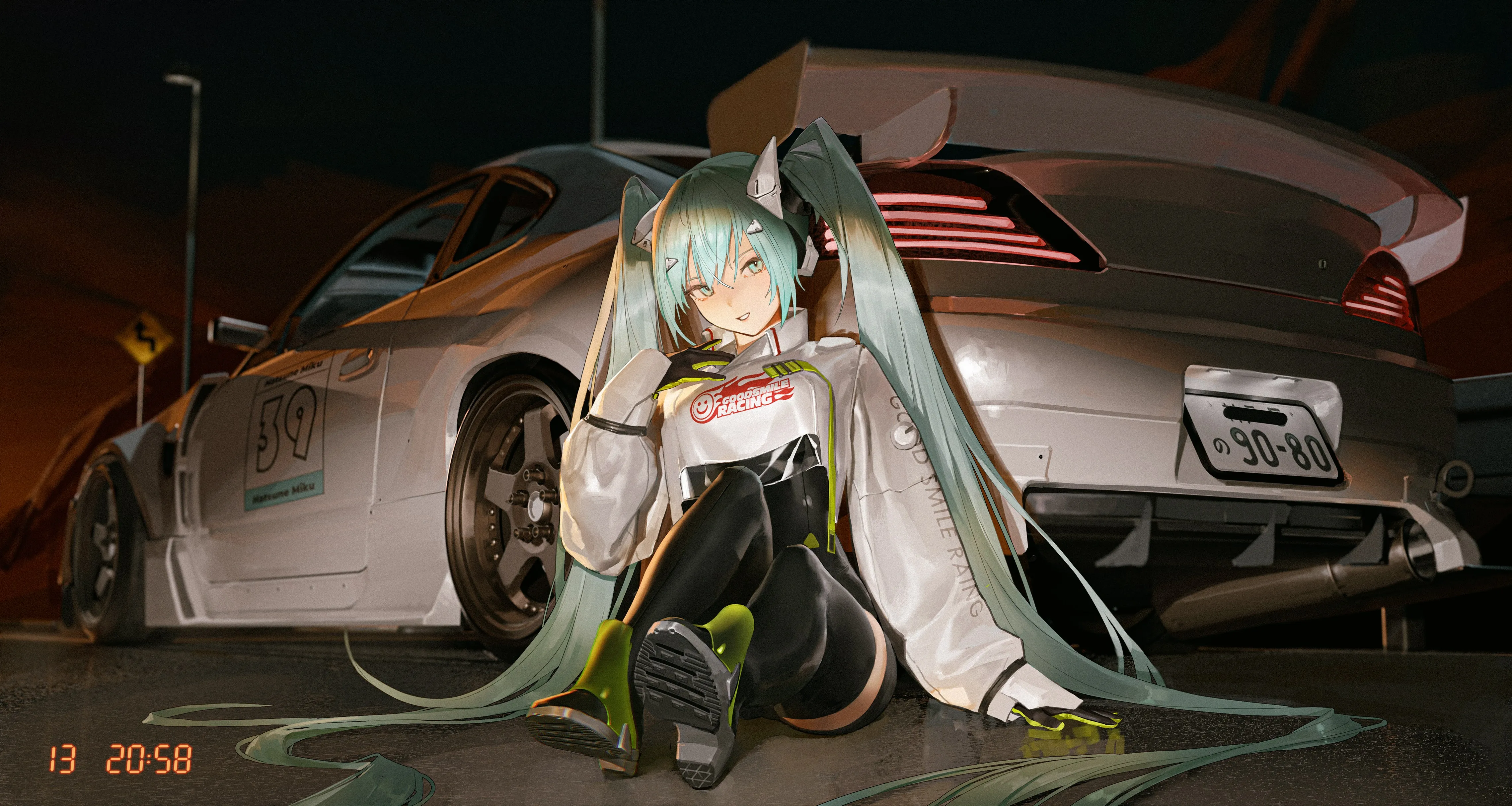 长发 微笑 全身 蓝色头发 蓝色眼睛 坐着 动漫 女孩 初音未来 汽车 赛车 4K壁纸