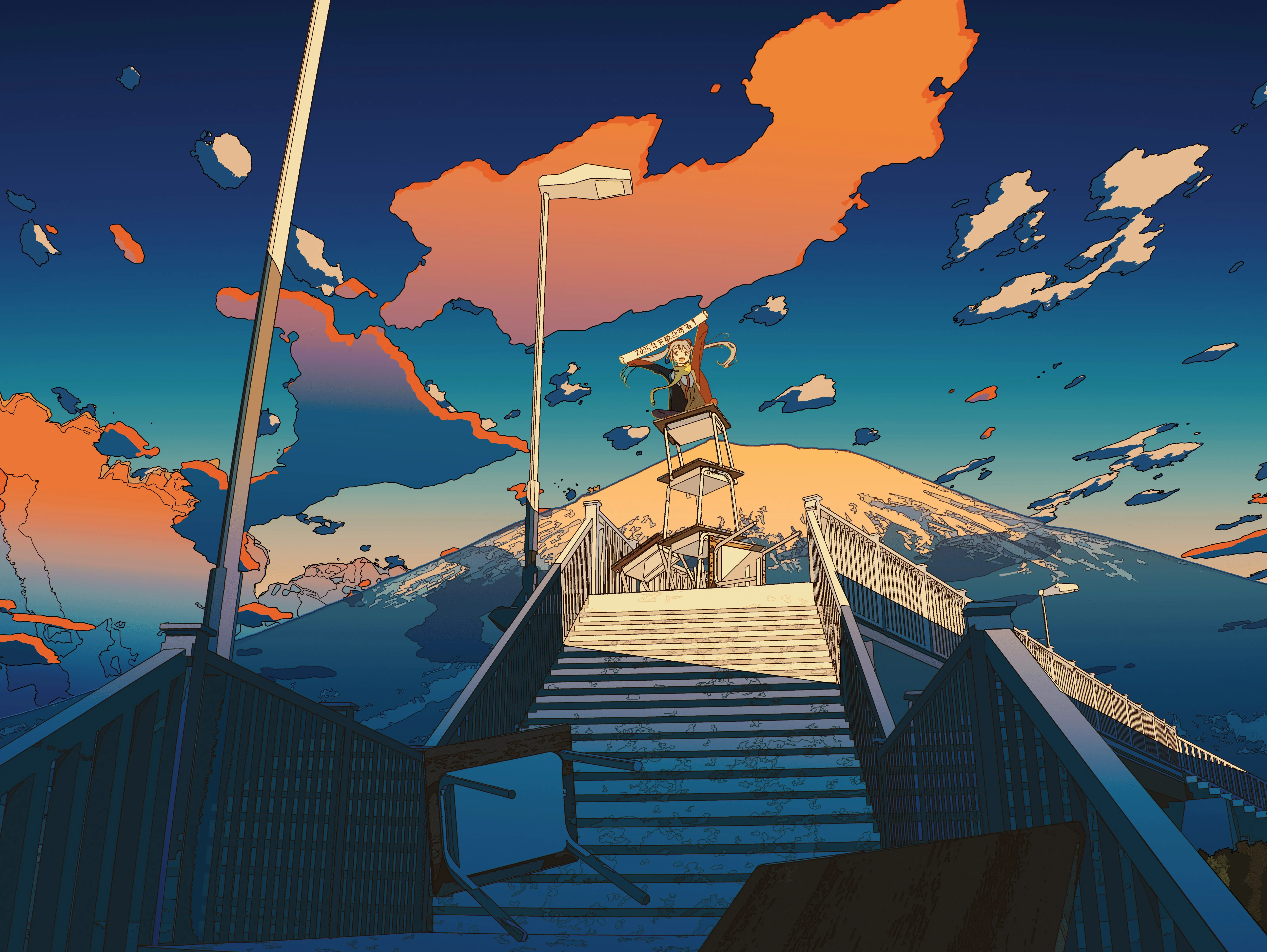 女学生 微笑 张开嘴 数字艺术 插图 云 楼梯 初音未来 桥梁 新年 桌子 雪山 天空 栏杆 双胞胎 围巾 阳光 4K壁纸
