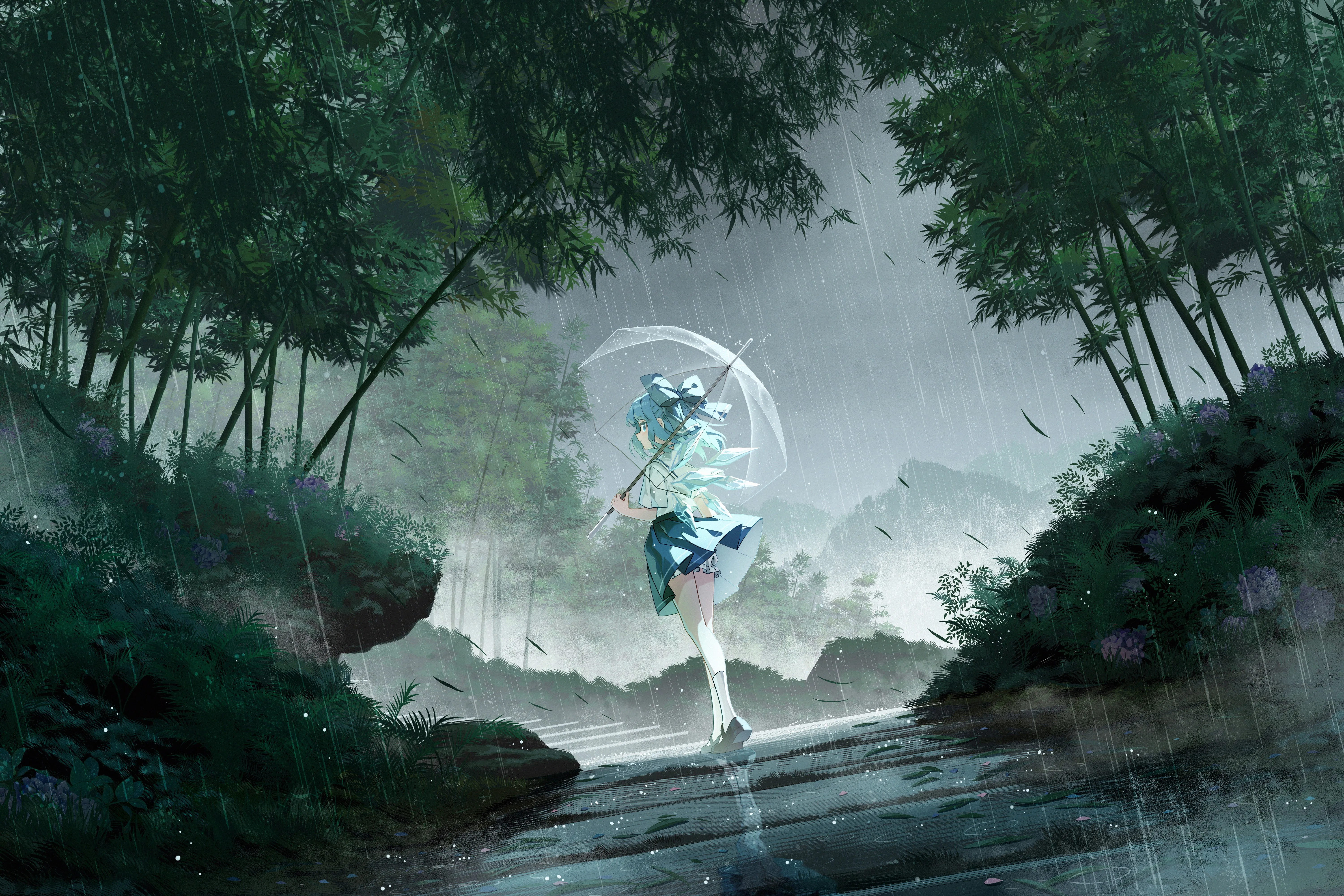 户外 女性 站立 蓝头发 蓝眼睛 走路 女学生 短发 雨伞 竹子 竹林 森林 雨 动漫 女孩 校服 4K壁纸