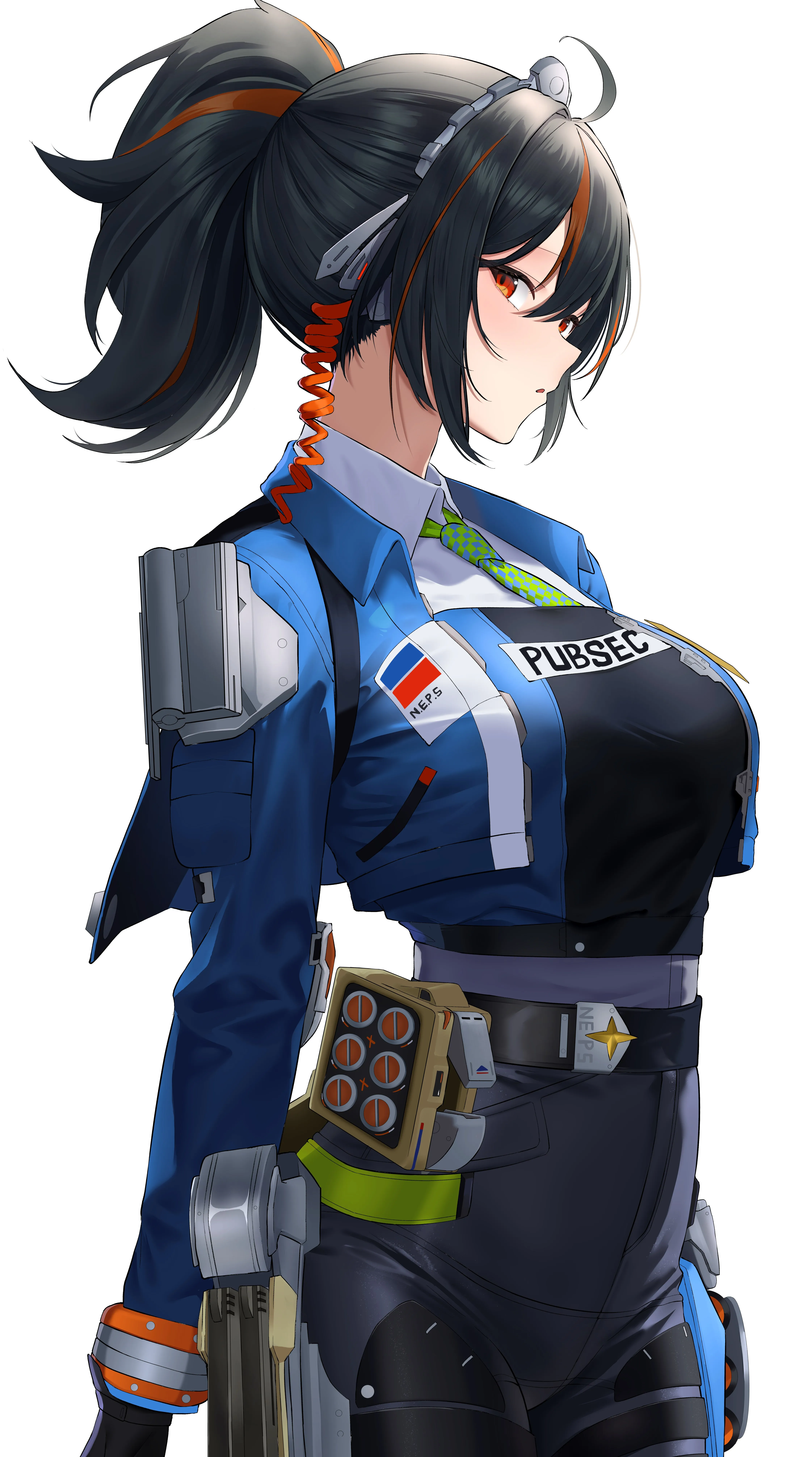 黑发 女性 角色 动漫 女孩 黑色裤子 蓝色夹克 武器 手机壁纸 4K壁纸