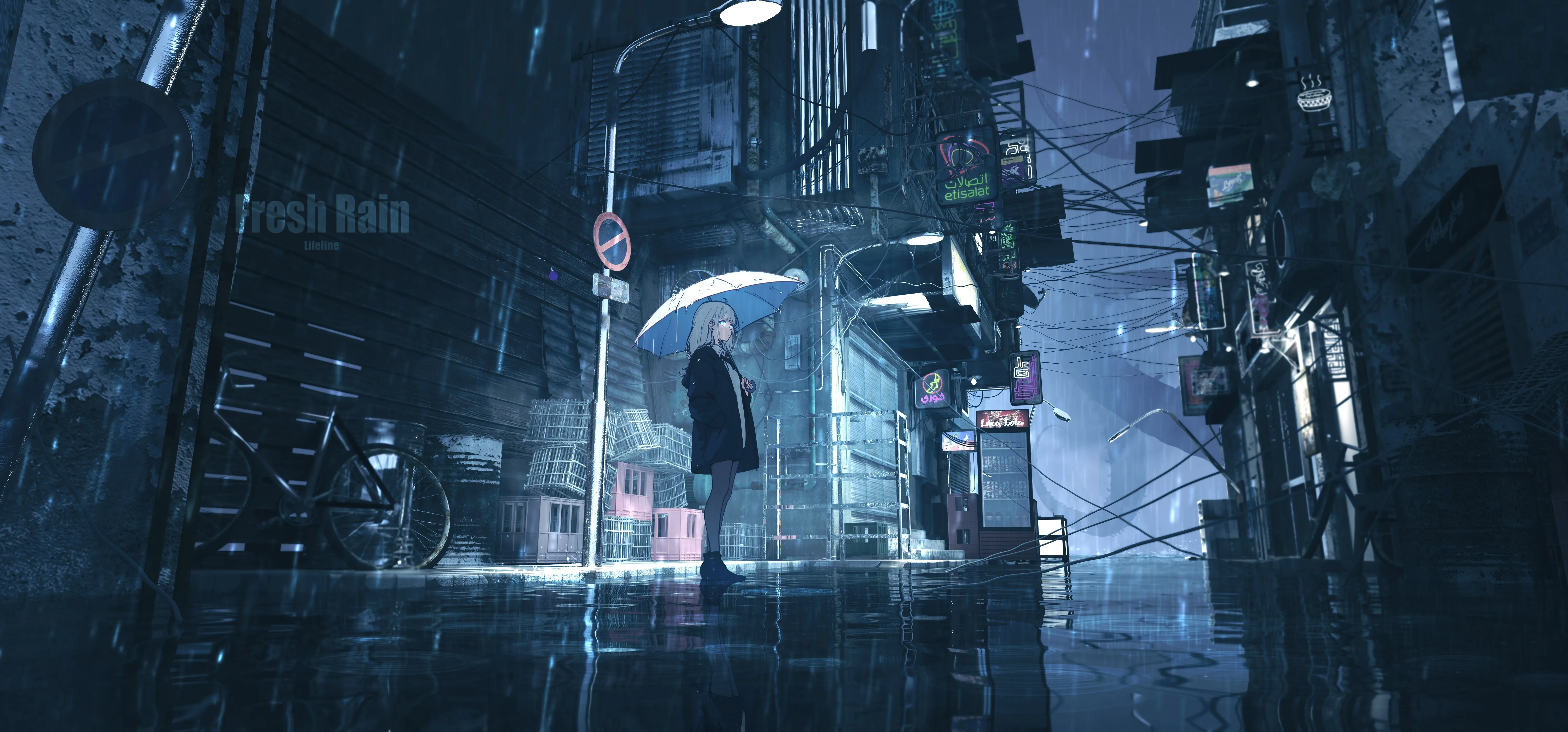 站立 长发 蓝眼睛 动漫 女孩 雨伞 风景 倒影 建筑 路灯 雨 标志 自行车 电缆 超宽 涟漪 水 4K壁纸