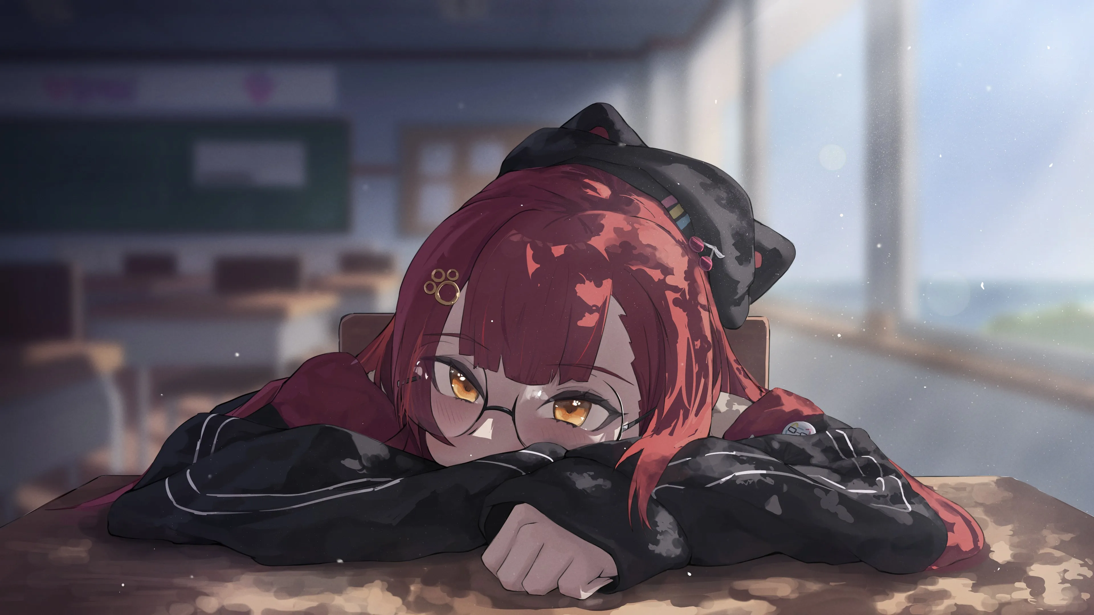 长发 粉色头发 休息 室内 女性 红发 眼镜 女性 坐着 刘海 女孩 黑色连帽衫 教室 动漫 阳光 窗户 4K壁纸