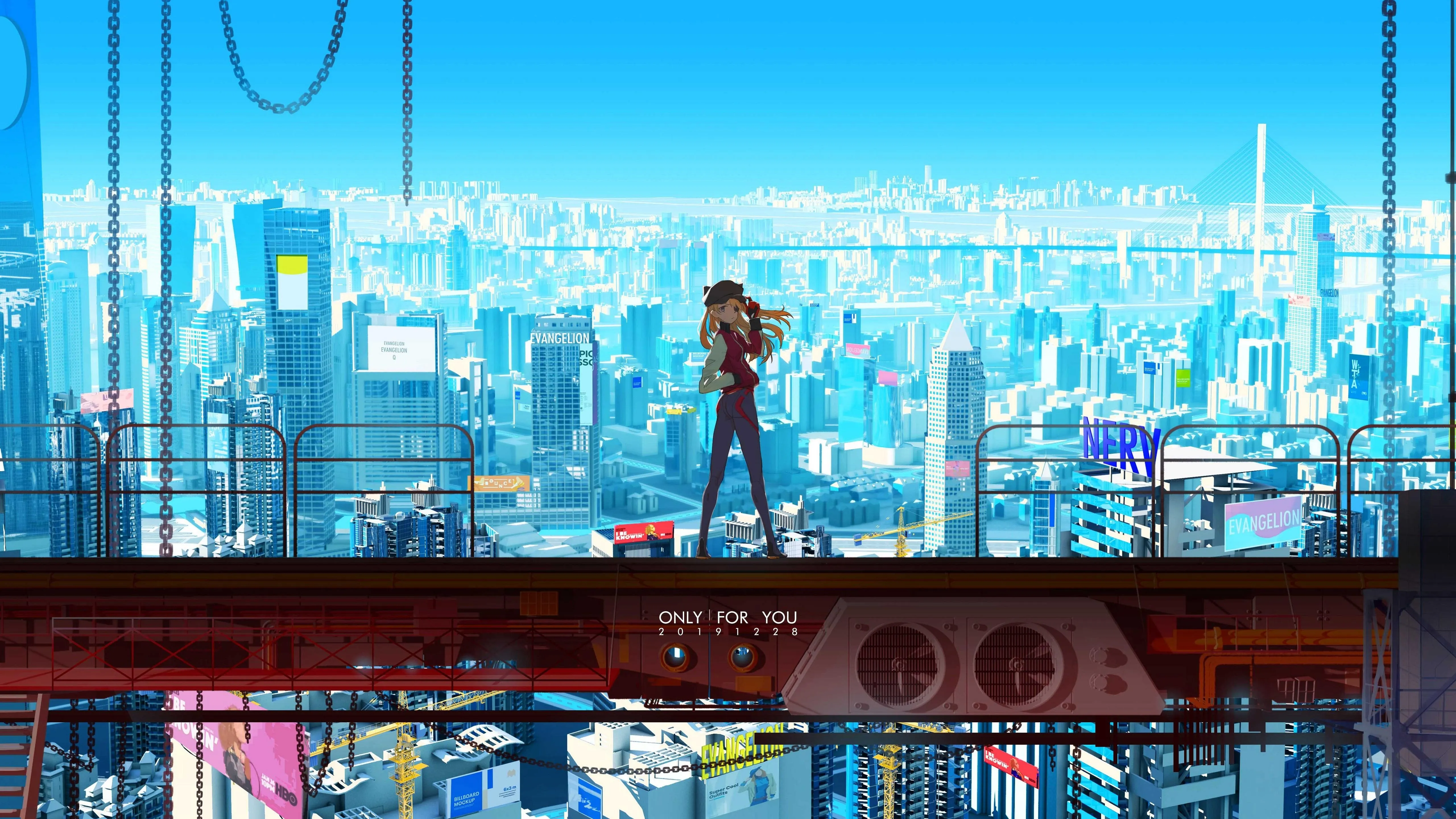 动漫女孩 绘画 城市 黑帽子 公寓 建筑 链条 眼罩 明日 霓虹创世纪 福音 战士 电脑壁纸 4K壁纸