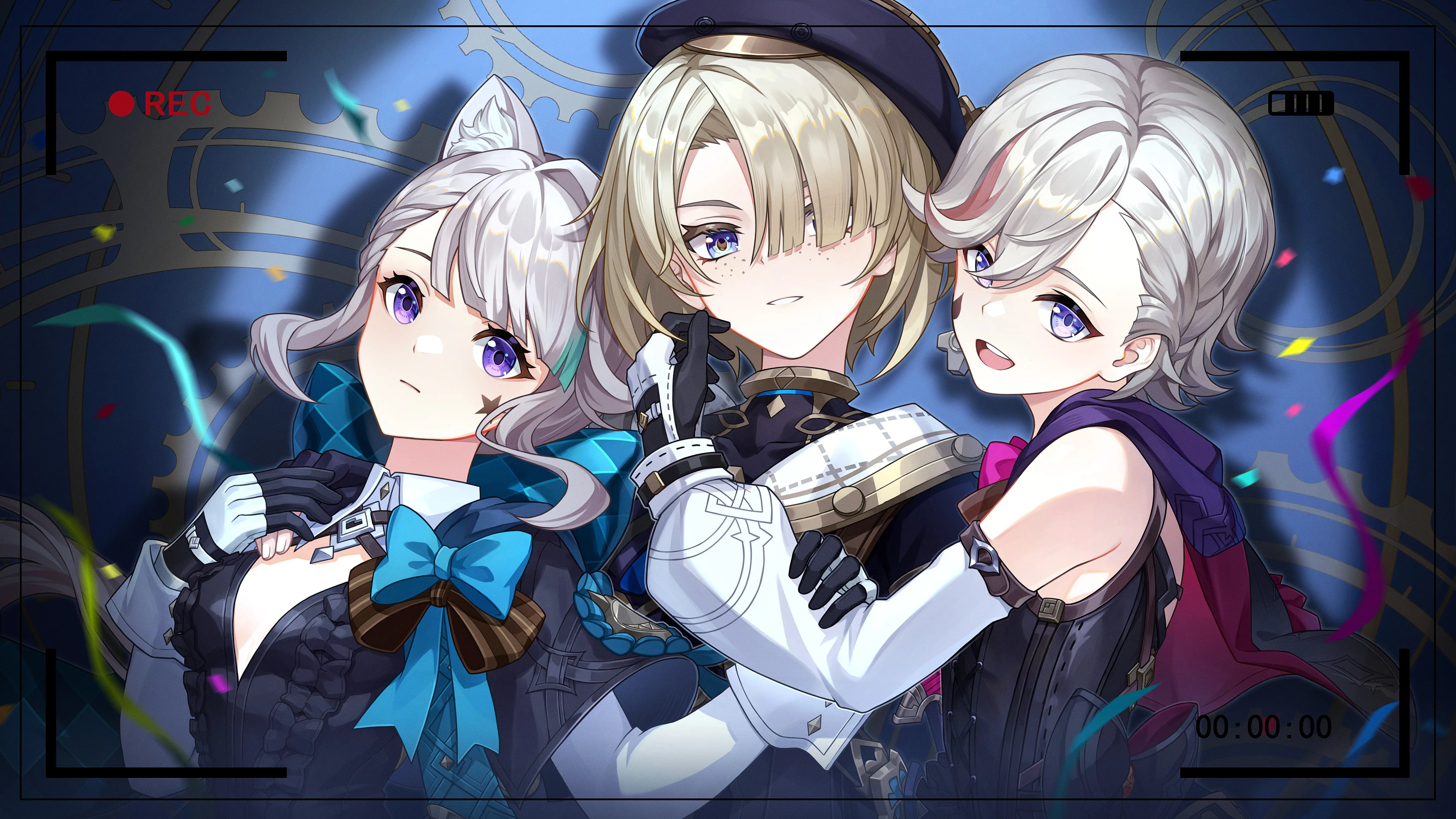 原神 雀斑 猫女 短发 动漫 动漫女孩 帽子 相机 猫耳朵 手套 领结 电脑壁纸 4K壁纸