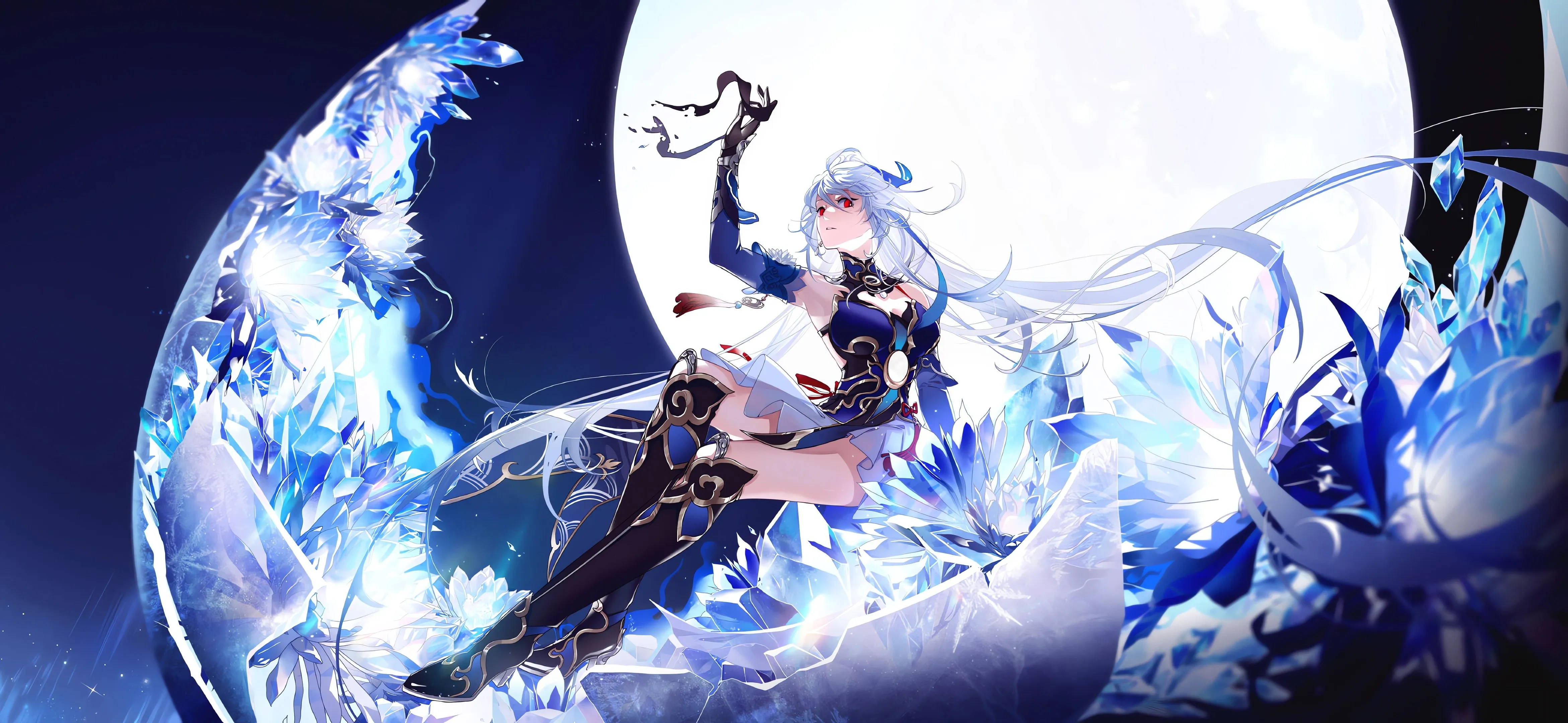 长发 白发 幻想女孩 女性 动漫 动漫女孩 月亮 靴子 夜 崩坏 电脑壁纸 4K壁纸