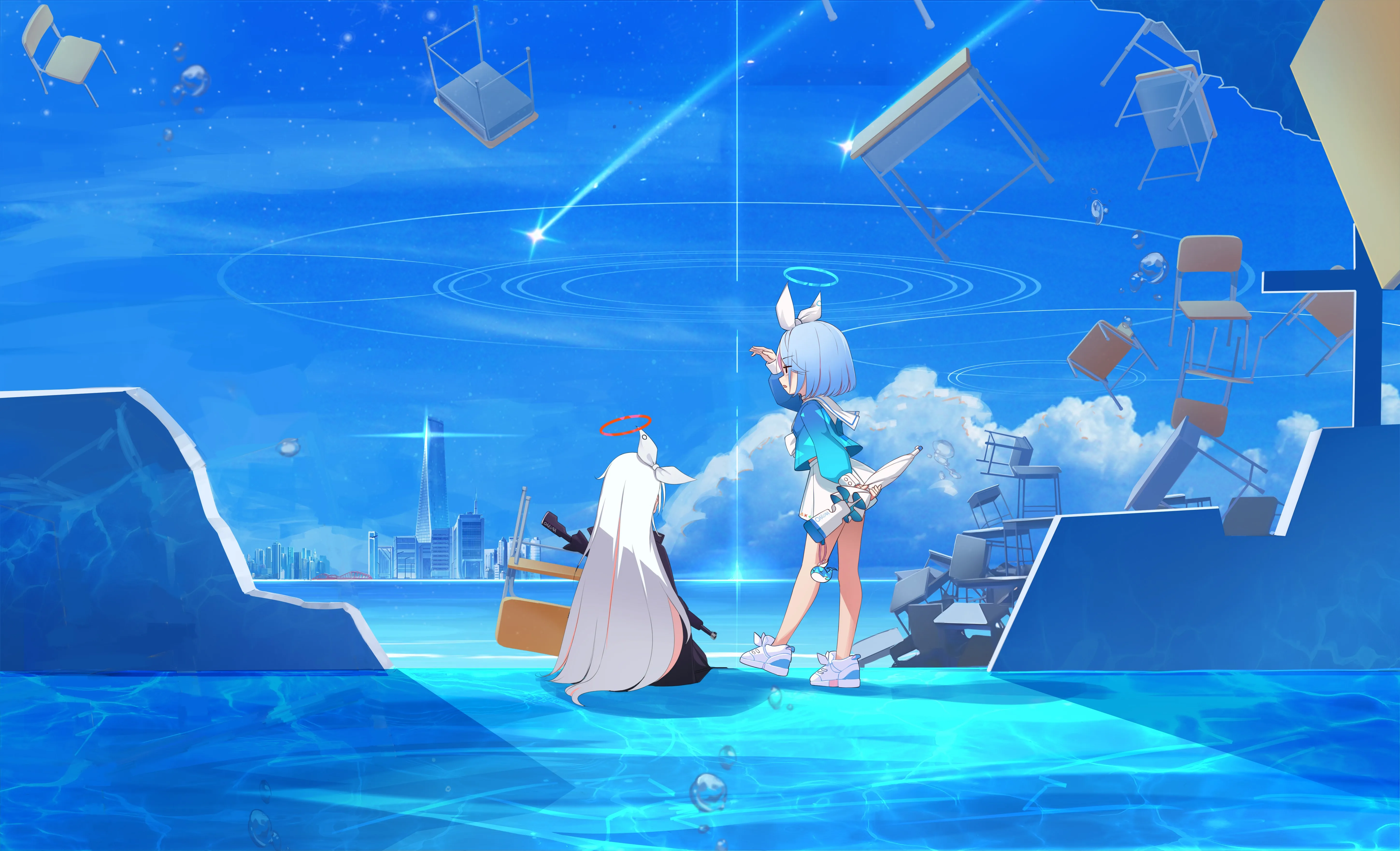 女学生 女孩 短发 长发 蓝色档案 光环 水手制服 动漫女孩 动漫游戏 云 校服 椅子 萝莉 电脑壁纸 4K壁纸