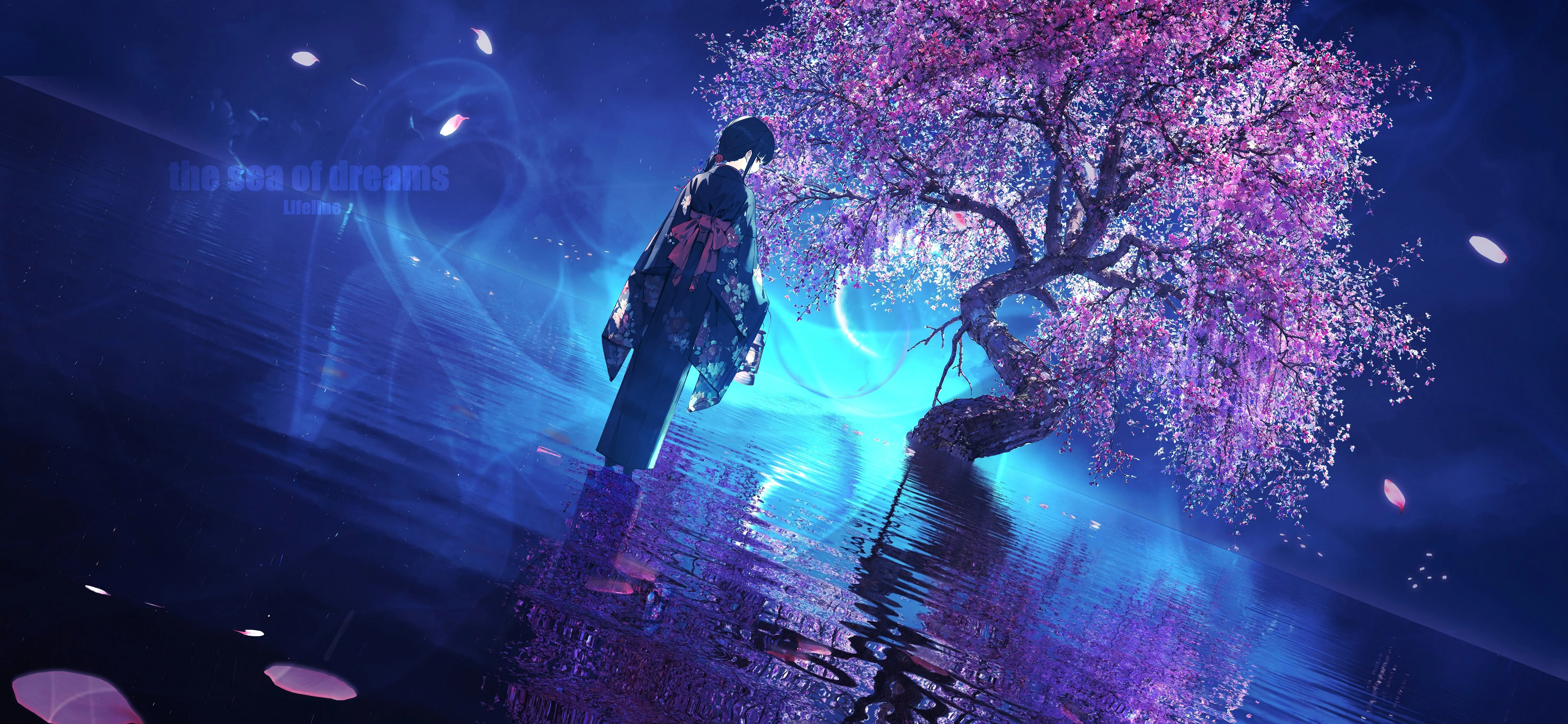 站立 动漫 动漫女孩 倒影 水 树木 花瓣 和服 电脑壁纸 4K壁纸