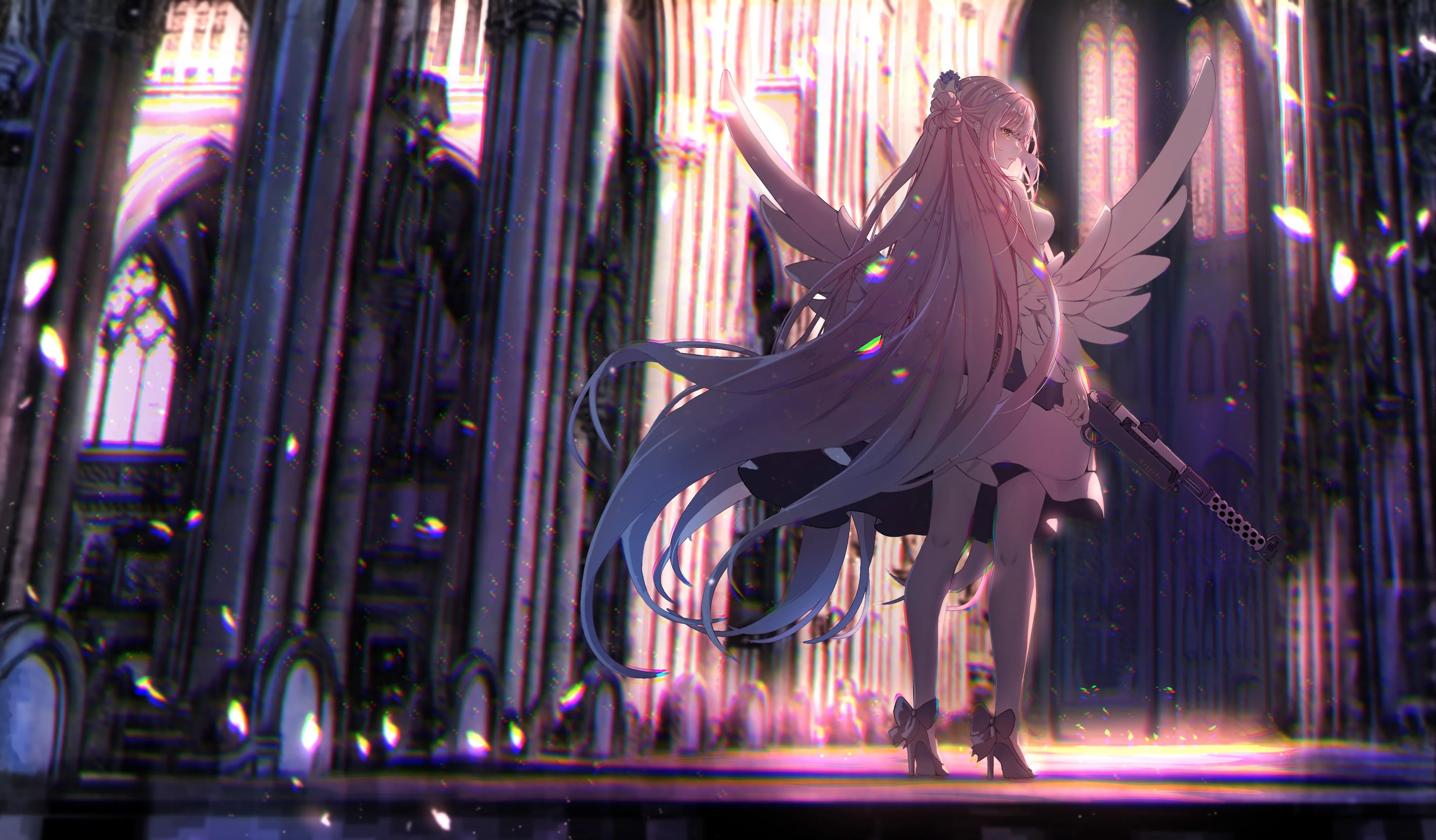 发髻 站立 女孩 粉色头发 动漫 动漫女孩 蓝色档案 翅膀 高跟鞋 枪 黄眼睛 花瓣 阳光 大教堂 电脑壁纸 4K壁纸