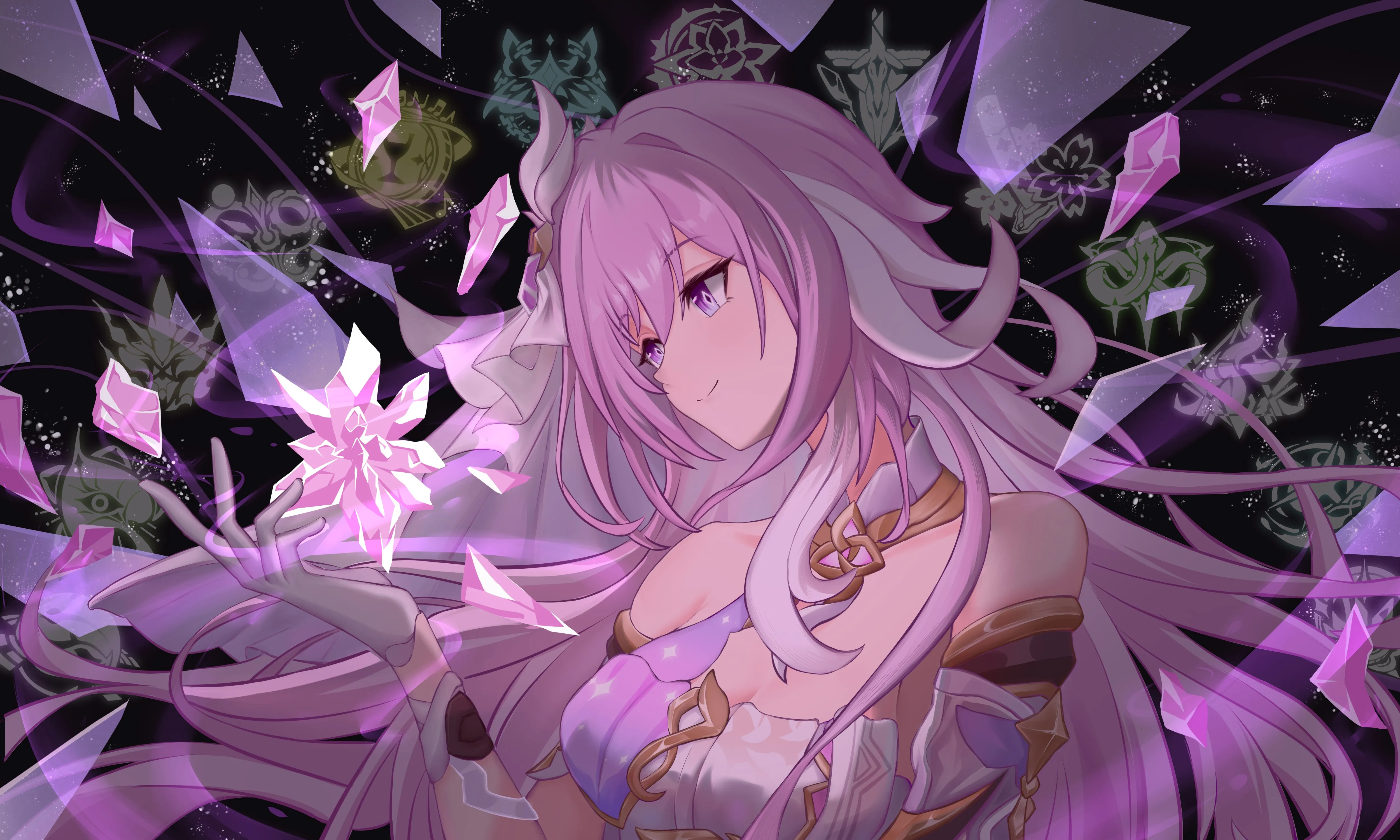 粉色 头发 微笑 长发 动漫 女孩 紫色 眼睛 连衣裙 原神 电脑壁纸 4K壁纸