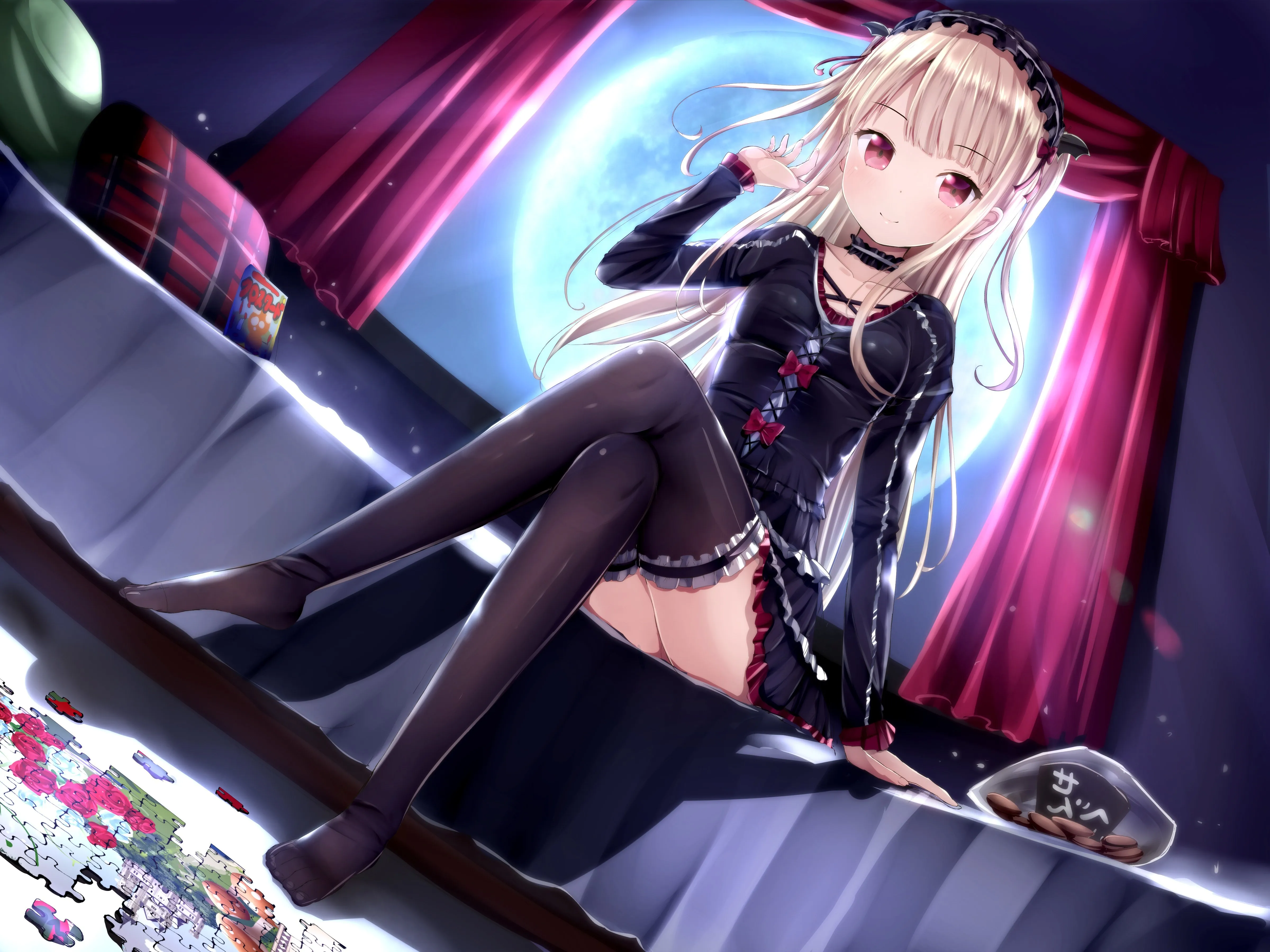 长发 金发 人物 腿 动漫 女孩 洛丽塔 时尚 黑色 长袜 电脑壁纸 4K壁纸