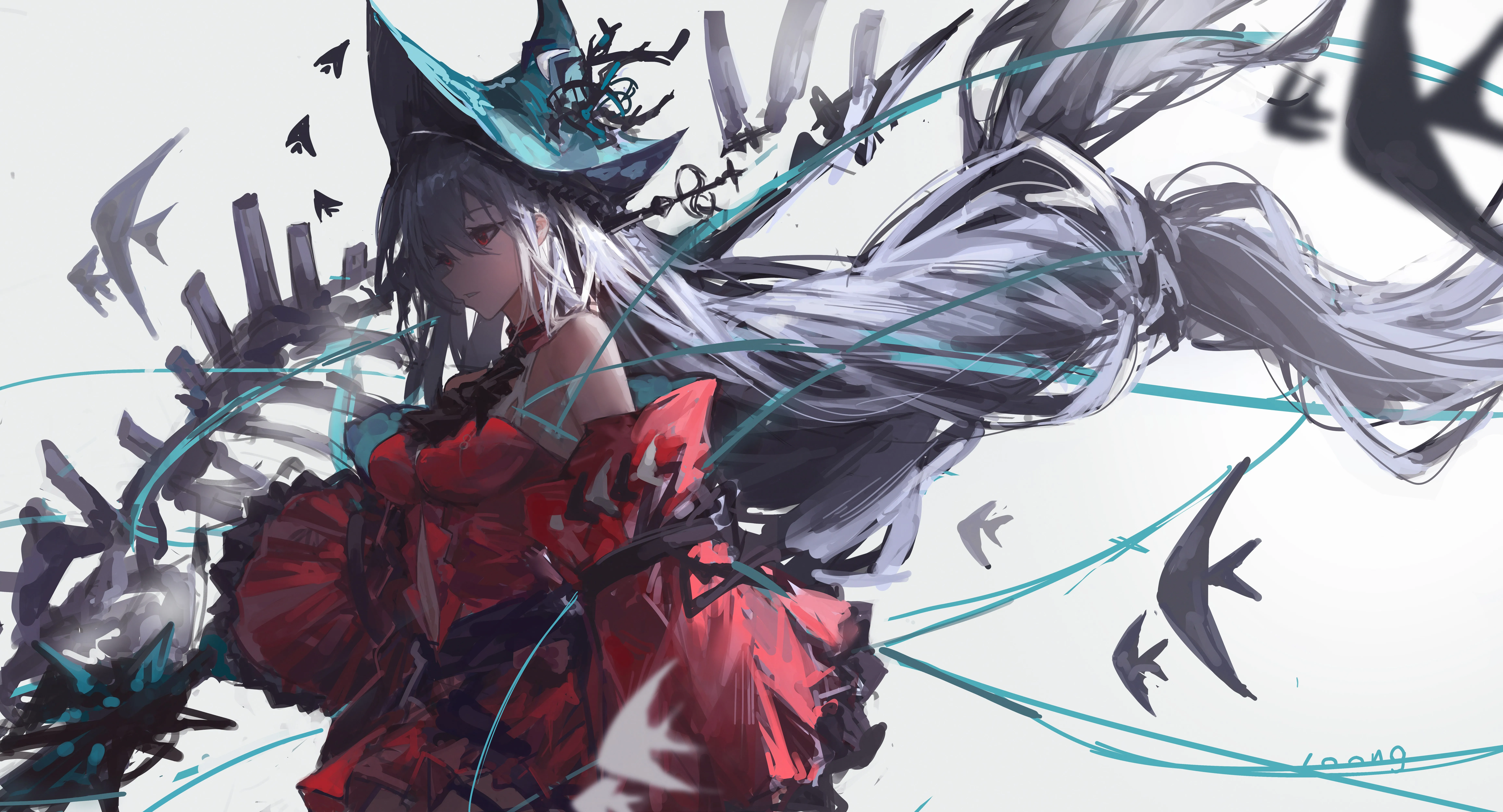 长发 红眼睛 骑士 斯凯德 动漫 女孩 银发 帽子 连衣裙 电脑壁纸 8K壁纸