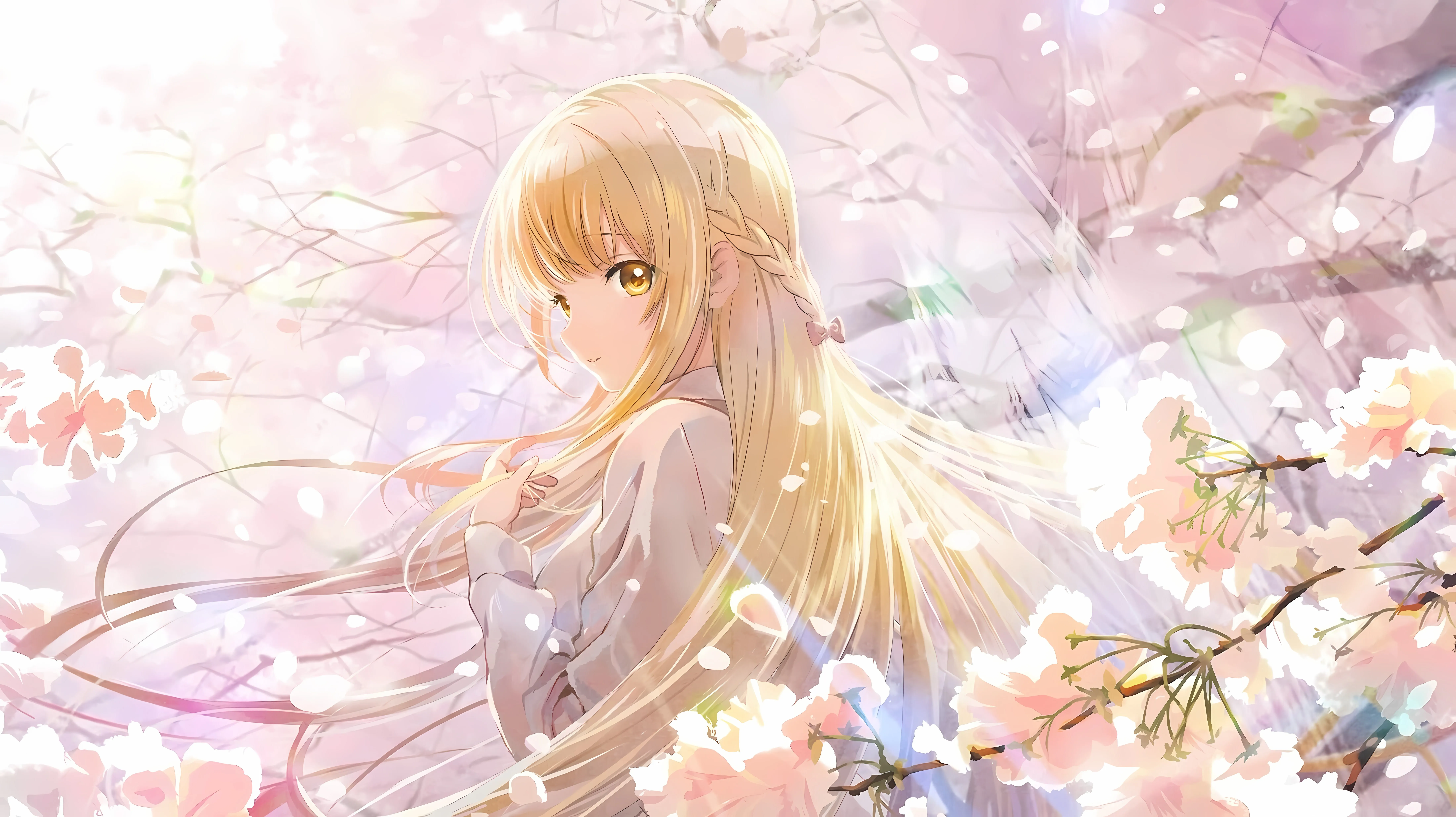 长发 辫子 金发 插图 动漫 女孩 花 黄色 花瓣 电脑壁纸 8K壁纸