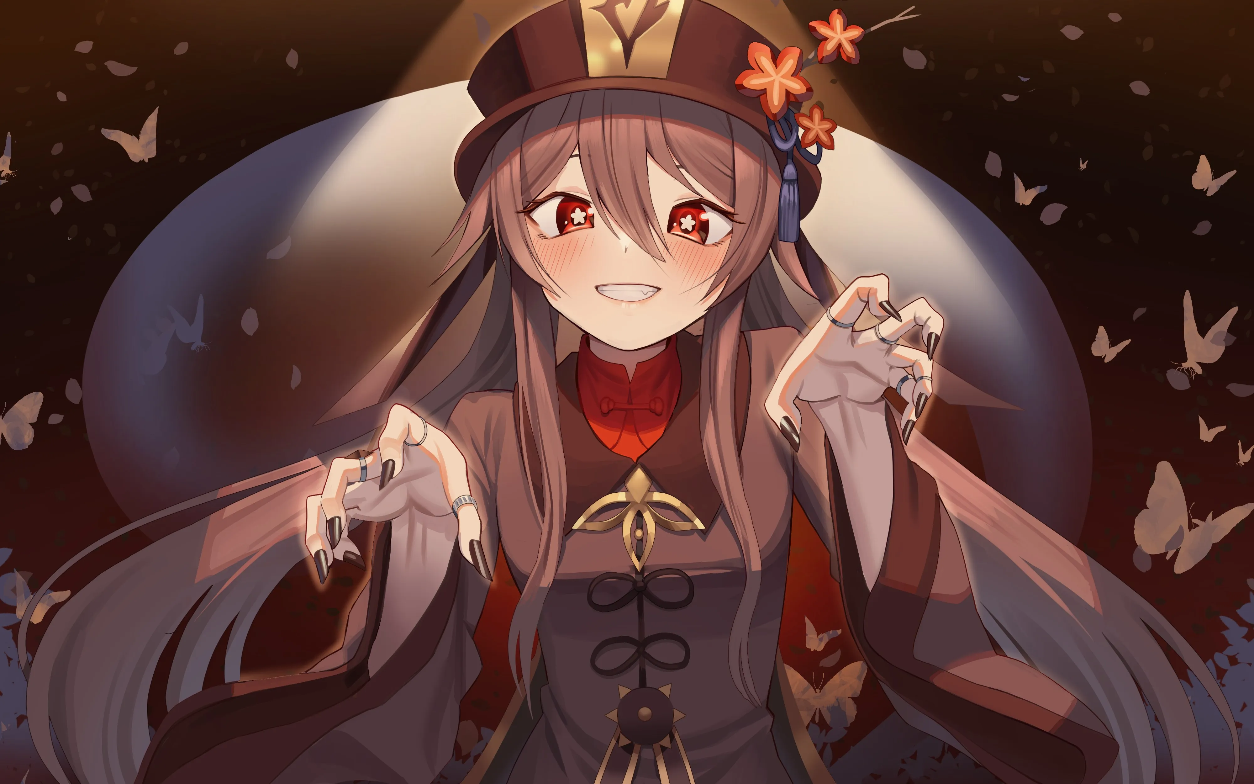 胡桃 原神 长发 头发 红眼睛 微笑 动漫 女孩 蝴蝶 腮红 电脑壁纸 4K壁纸