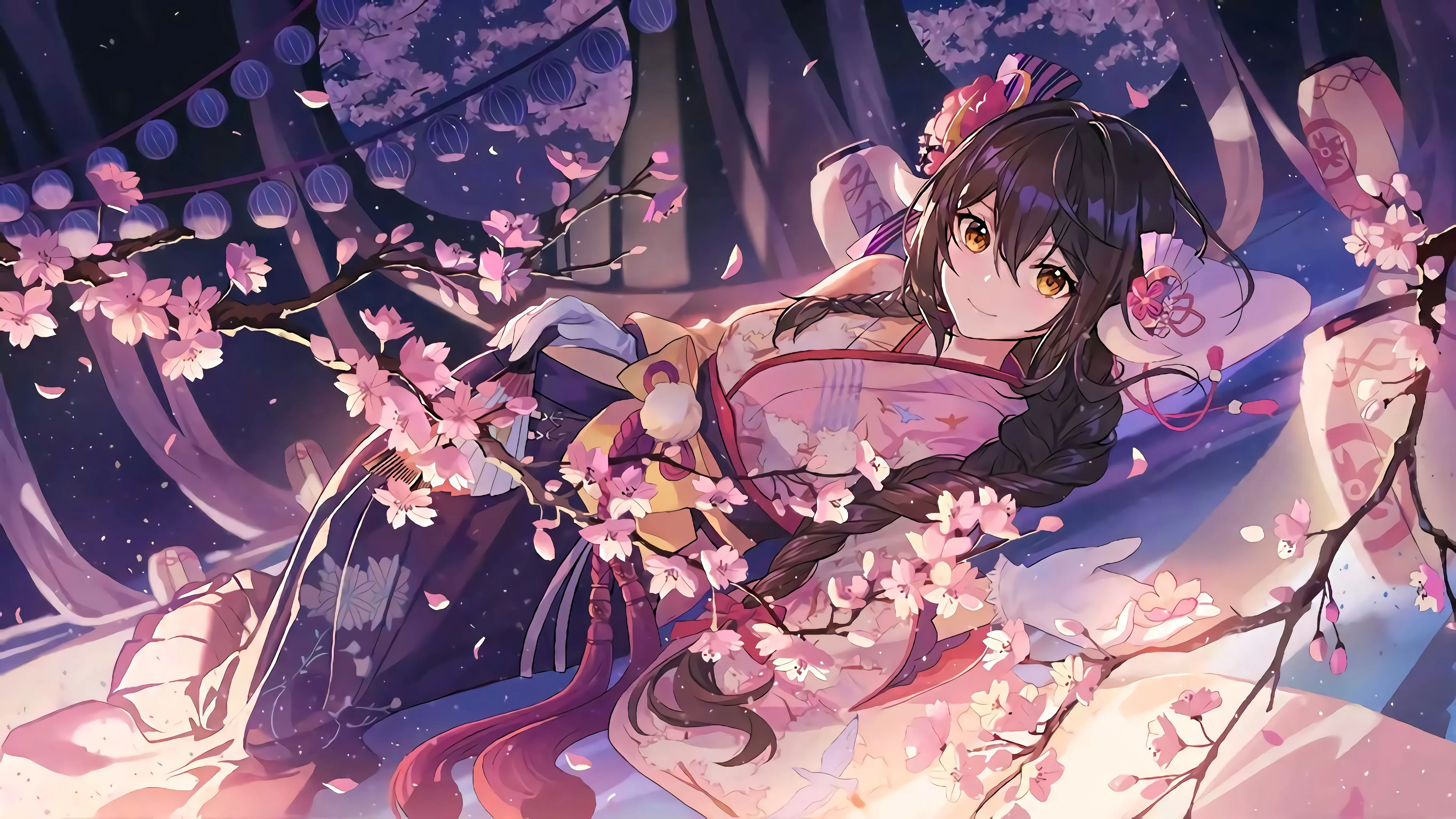 微笑 头发 长发 仰卧 躺着 辫子 蔚蓝 动漫 女孩 电脑壁纸 4K壁纸