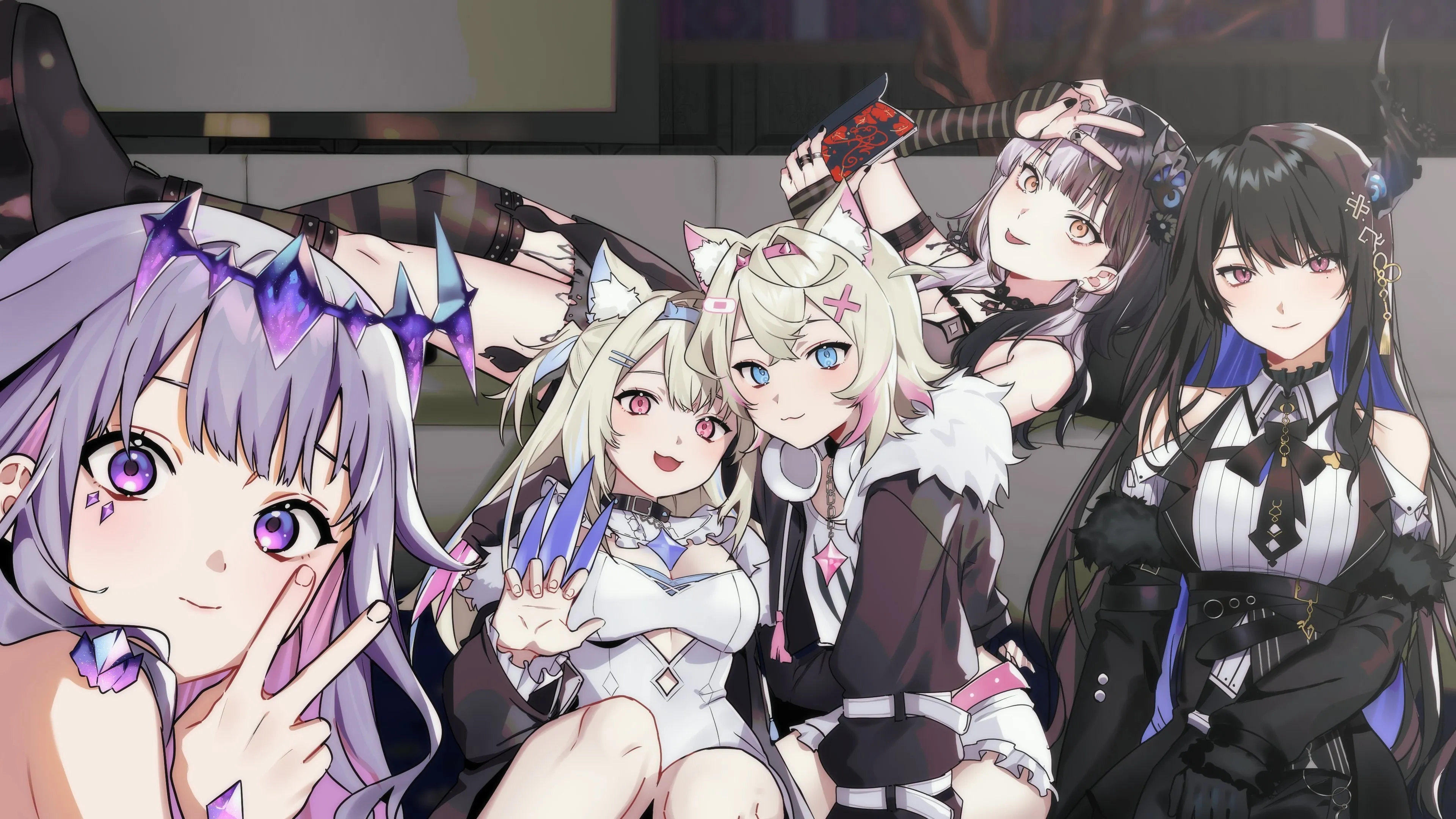 长发 微笑 头发 猫女孩 动漫女孩 角 蝴蝶结 领子 耳机 戒指 猫耳 电脑壁纸 4K壁纸