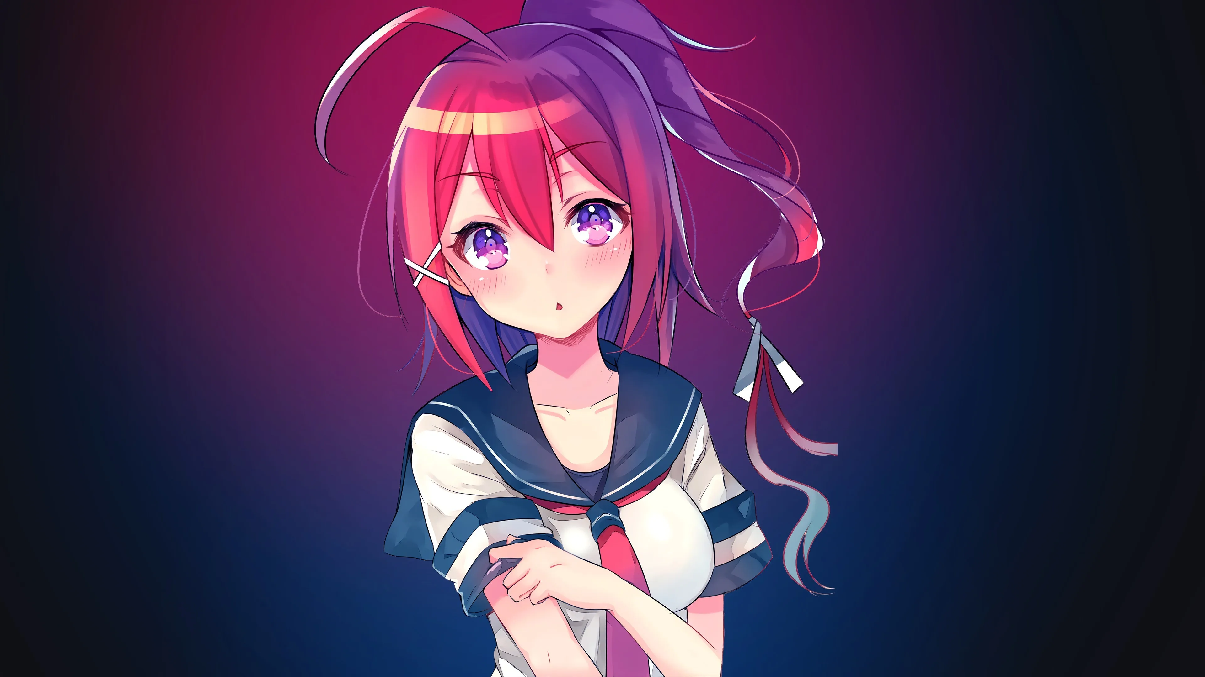 马尾辫 长发 红发 动漫 动漫女孩 紫色眼睛 电脑壁纸 4K壁纸