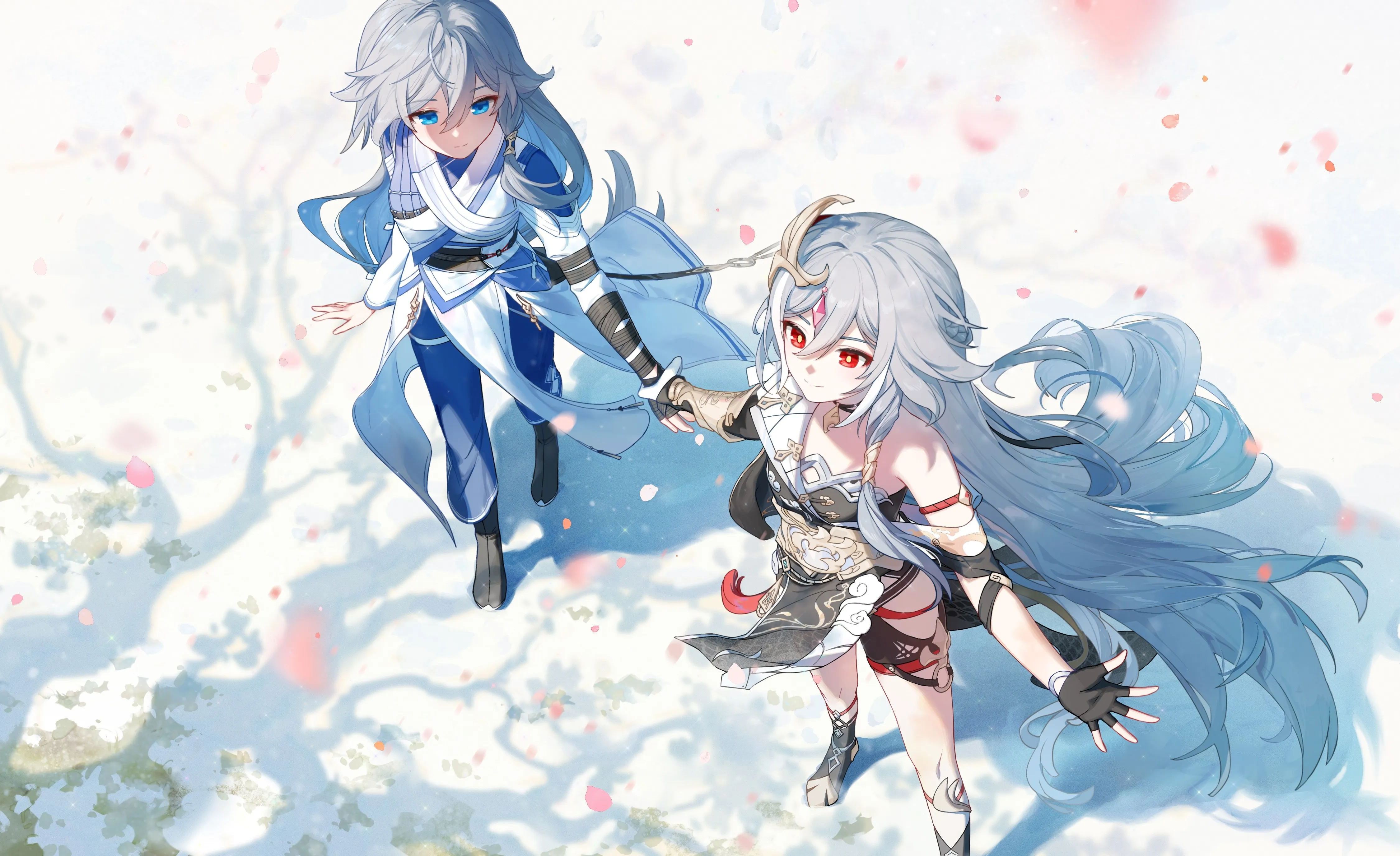 红眼睛 蓝眼睛 长发 福华 拉斐拉 动漫 女孩 银发 中国服装 原神 电脑壁纸 4K壁纸