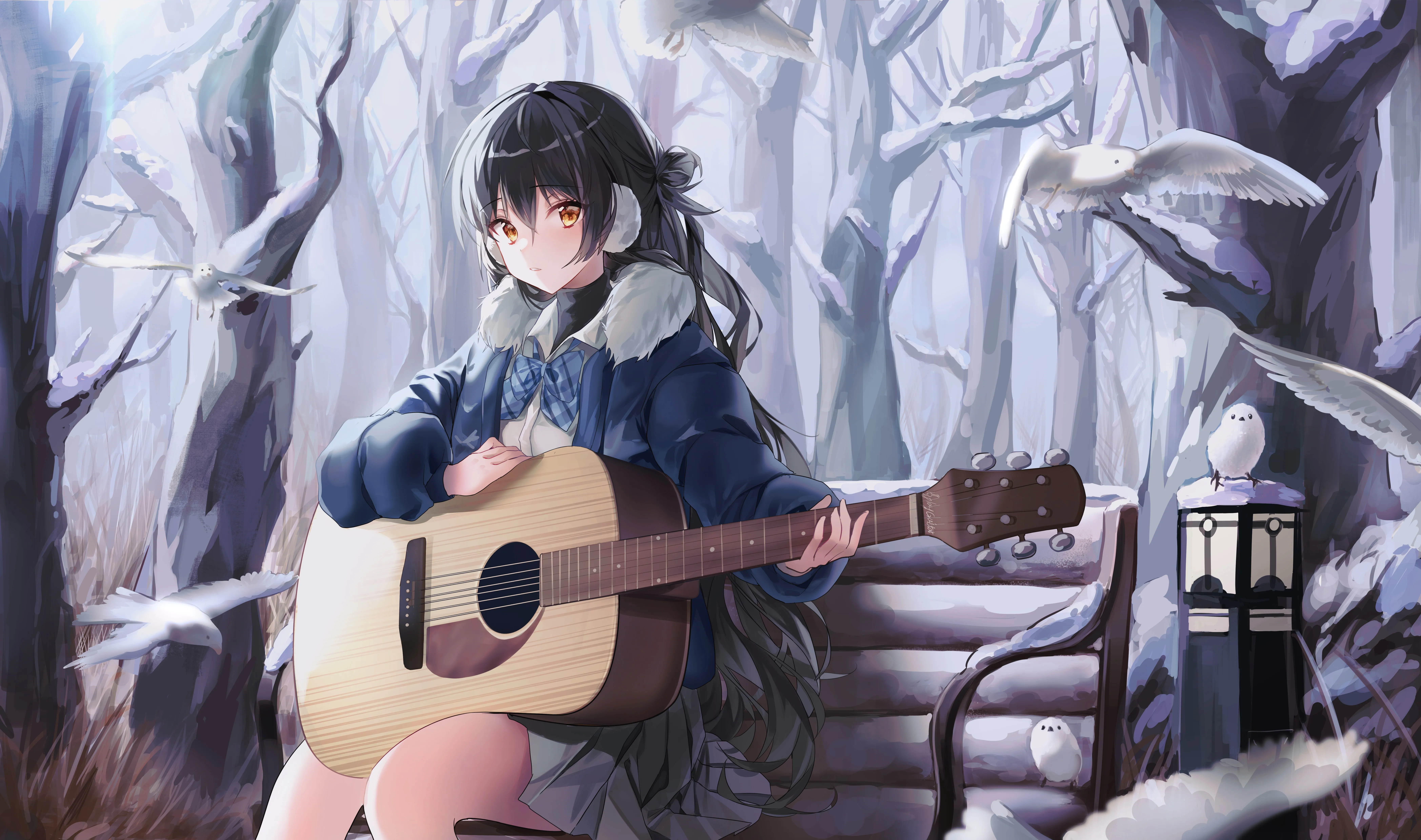 原创 人物 黑发 动漫 动漫女孩 鸟 雪 棕色眼睛 艺术 电脑壁纸 8K壁纸