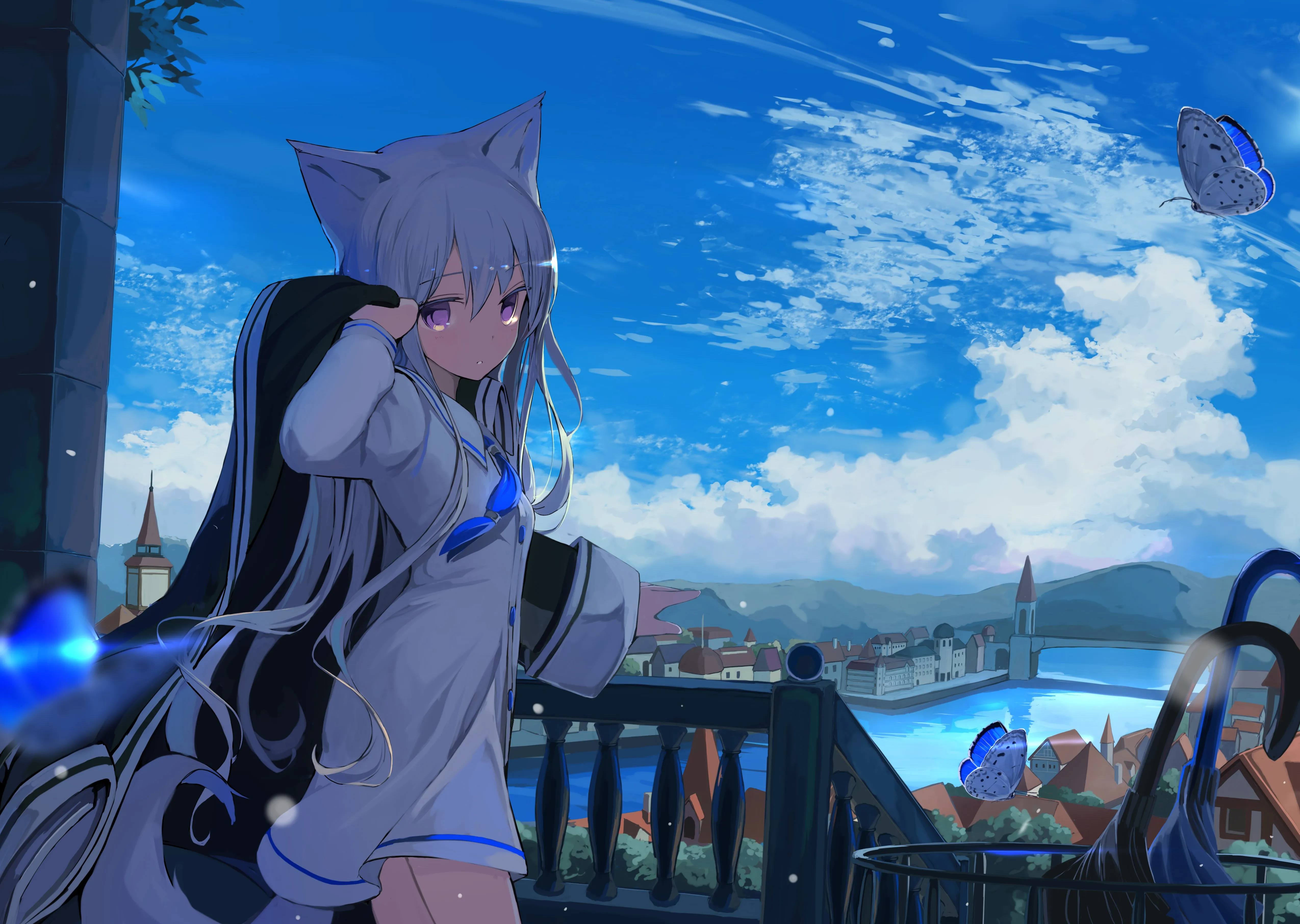 长发 动漫 动漫女孩 AI艺术 肖像 兽耳 紫色眼睛 灰色头发 校服 城市景观 电脑壁纸 4K壁纸