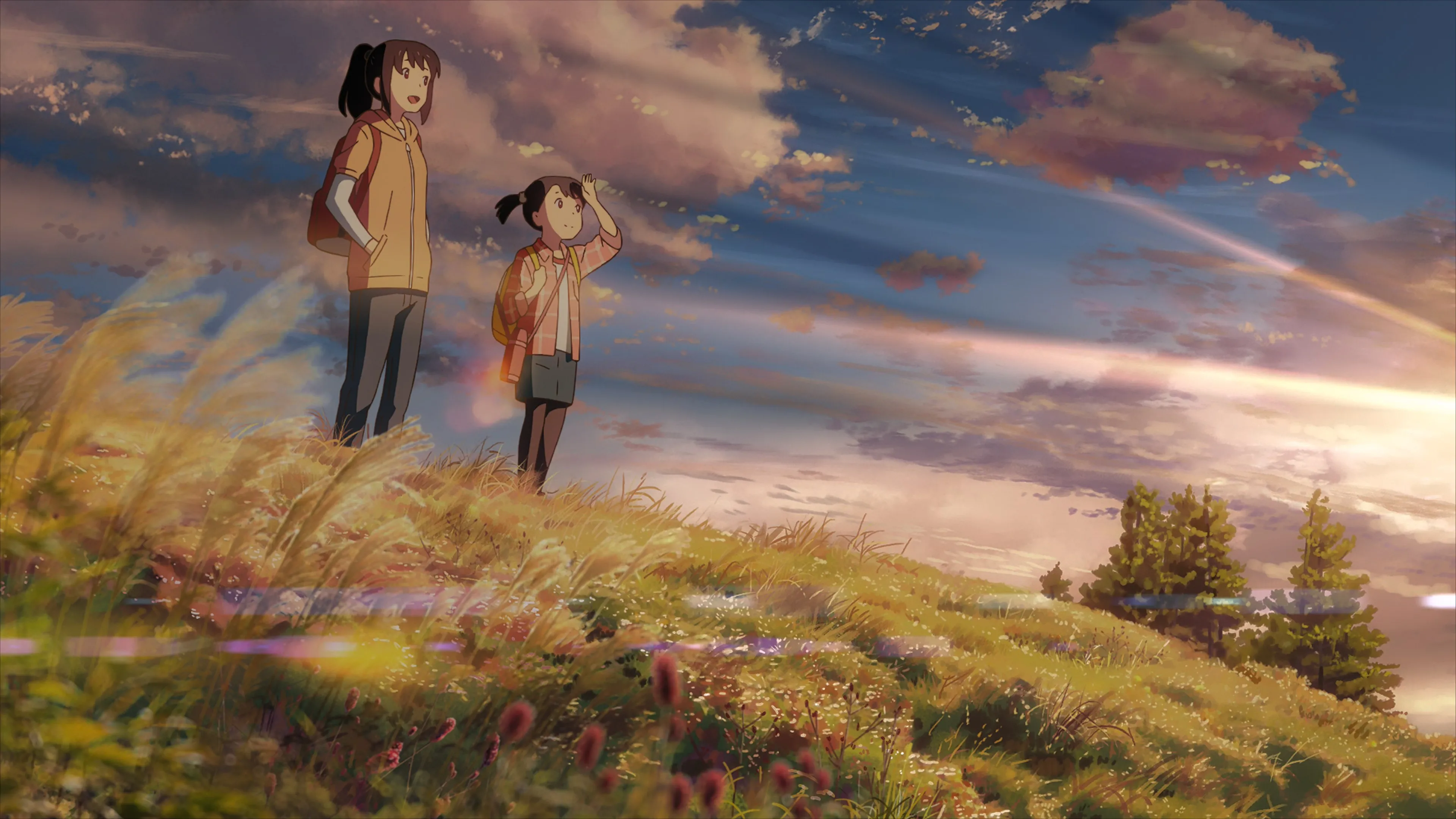 马尾辫 动漫 风景 动漫女孩 天空 云 阳光 背包 日落 草 治愈 电脑壁纸 4K壁纸