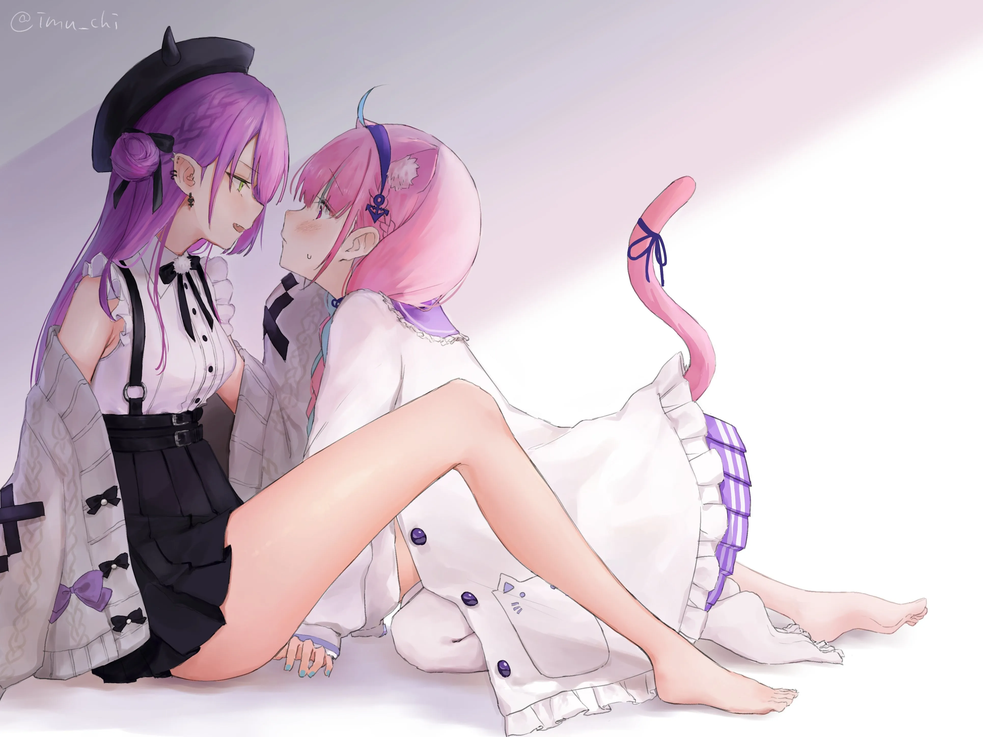 赤脚 女孩 绿眼睛 紫色头发 猫女孩 长发 动漫 动漫女孩 兽耳 尾巴 腮红 猫耳 电脑壁纸 4K壁纸