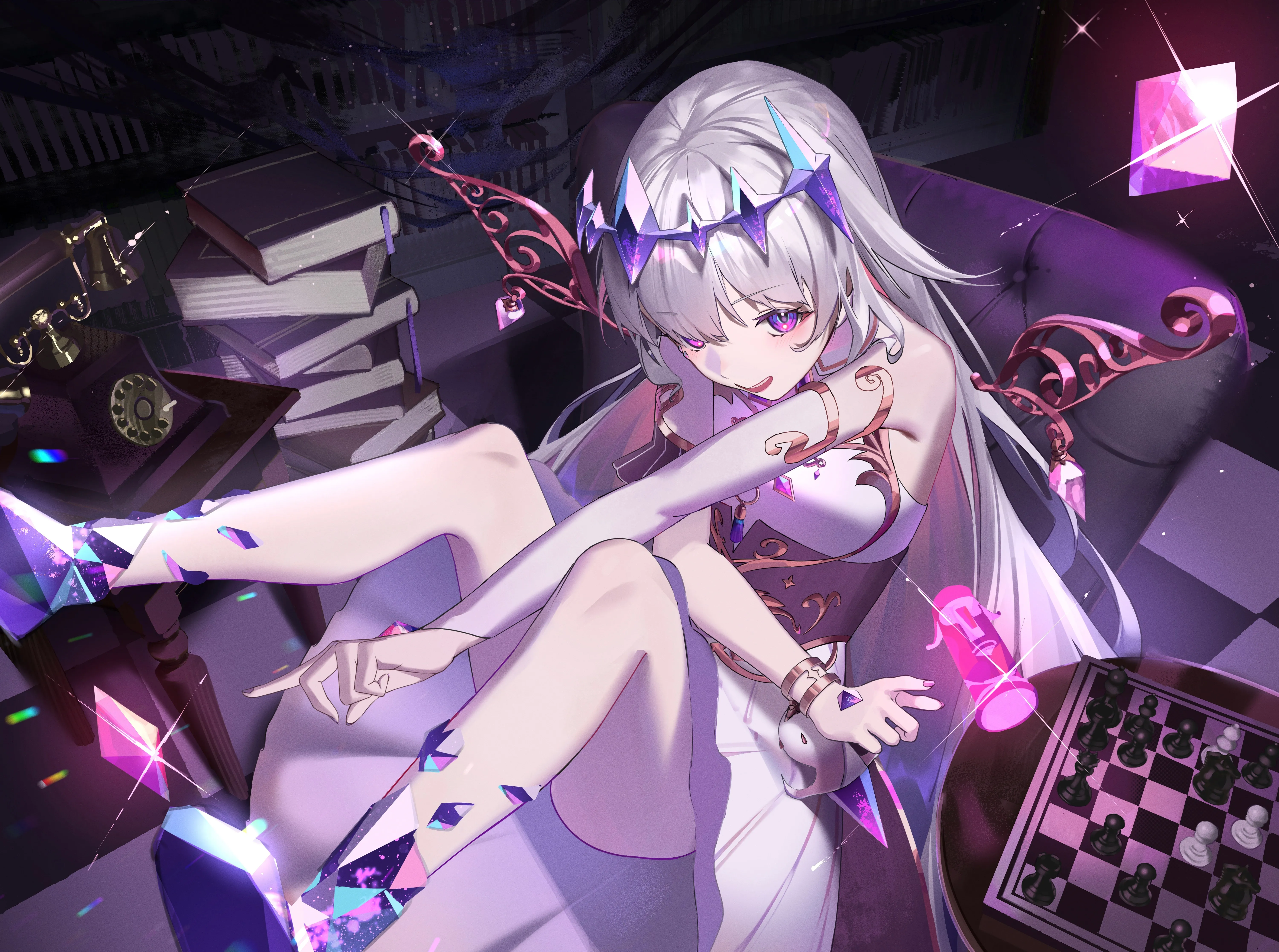 长发 动漫 动漫女孩 虚拟 书籍 紫色 眼睛 银发 连衣裙 电脑壁纸 4K壁纸