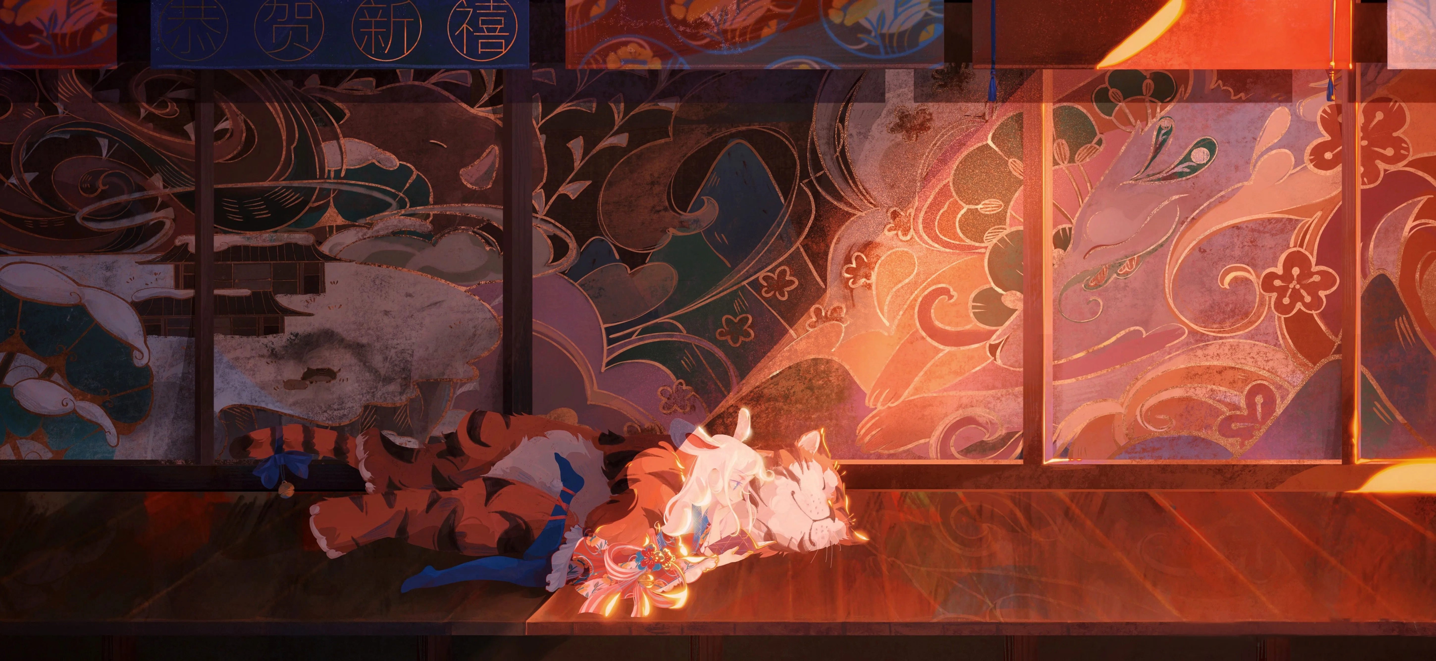 白发 老虎 阳光 兔耳朵 艺术 绘画 新年 电脑壁纸 4K壁纸