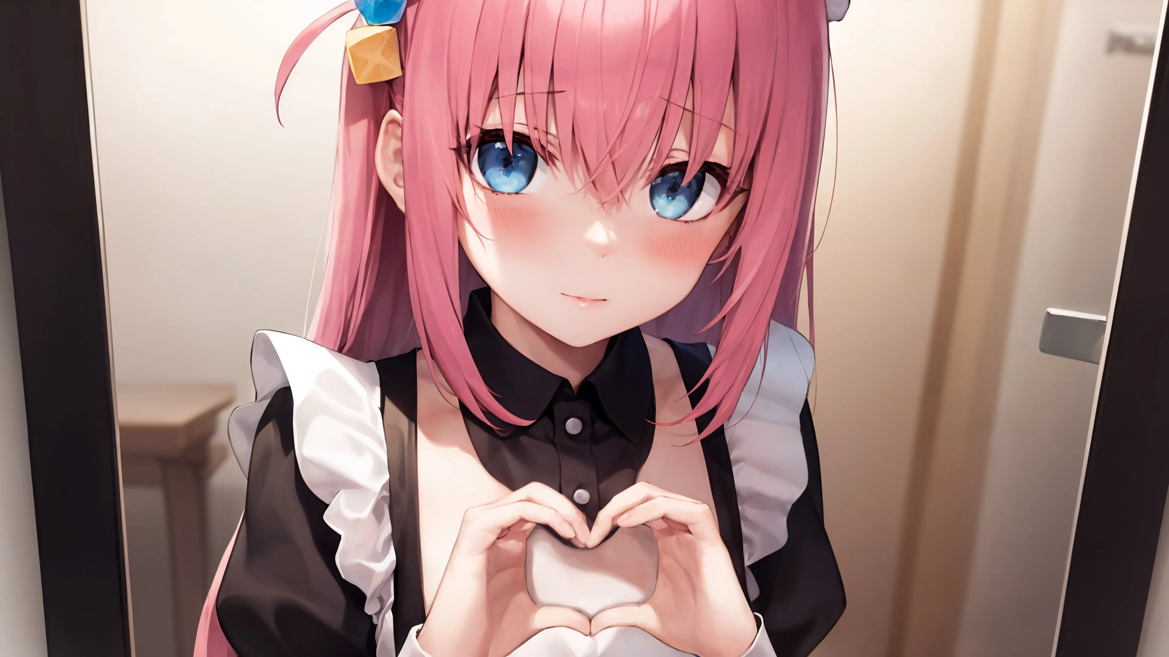 动漫女孩 动漫 女佣 艺术 女佣服装 腮红 心 心之手 电脑壁纸 4K壁纸